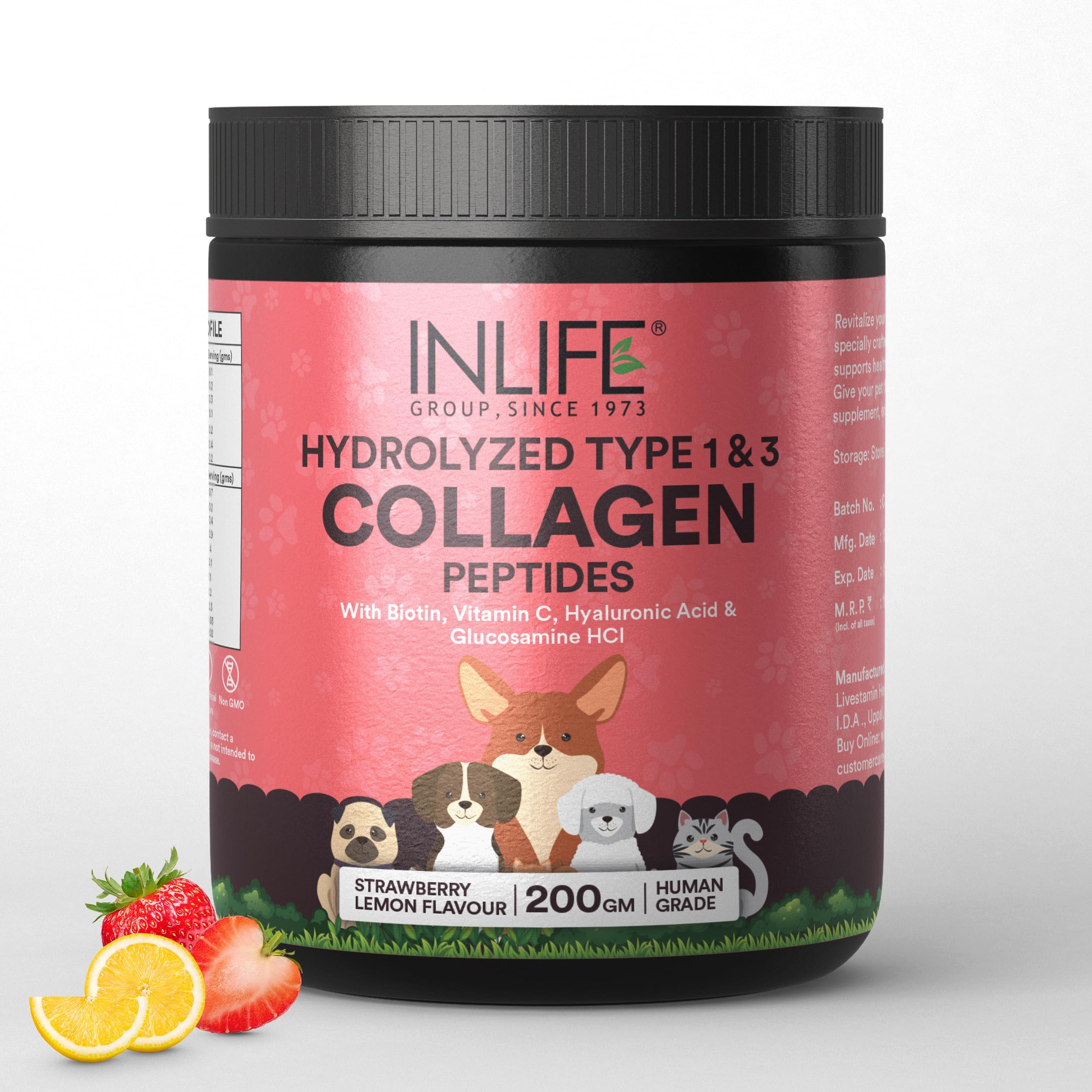 INLIFE Collagen for Dogs & Cats | Hydrolysed Collagen Powder | Clinically Proven Ingredient with Biotin, Vitamin C, Hyaluronic Acid & Glucosamine | Pet Supplement (Strawberry)