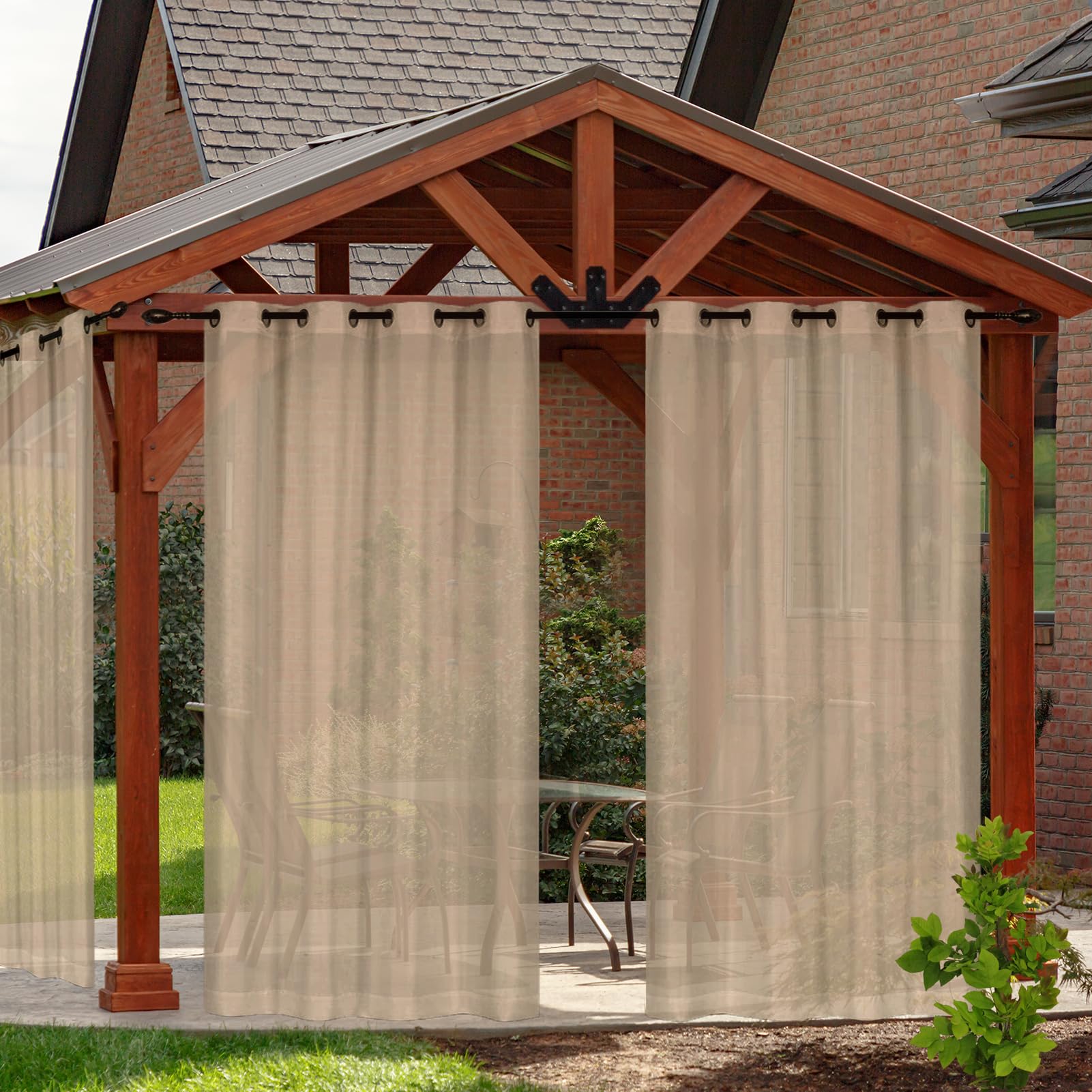Tende da Esterno 2 Panelli Tende da Sole con Anelli Tende Termiche Isolanti Antivento Trasparenti Tenda Decorativa per Gazebo Balcone Giardino Cortile (2x132*243CM,Cachi)