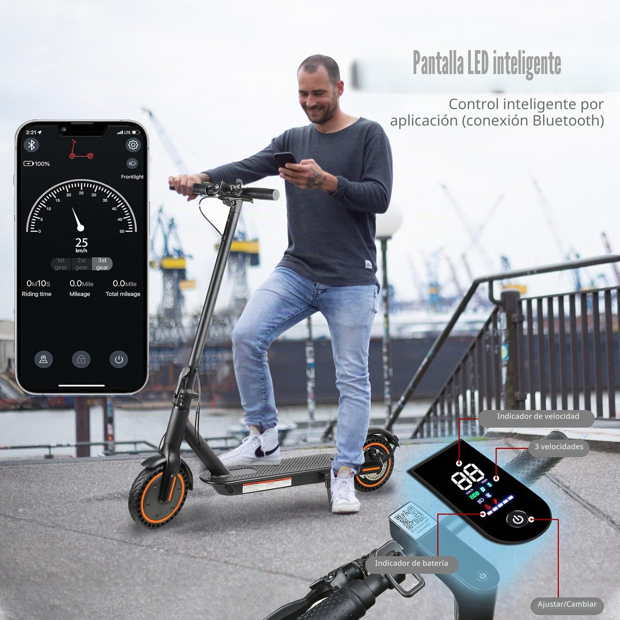 Patinete eléctrico Adulto, Velocidad 25 km/h, autonomía 30 km, neumáticos llenos de 8,5 Pulgadas, Patinete eléctrico Plegable con Motor de 250 W, Doble frenado y Control vía App y Pantalla LED