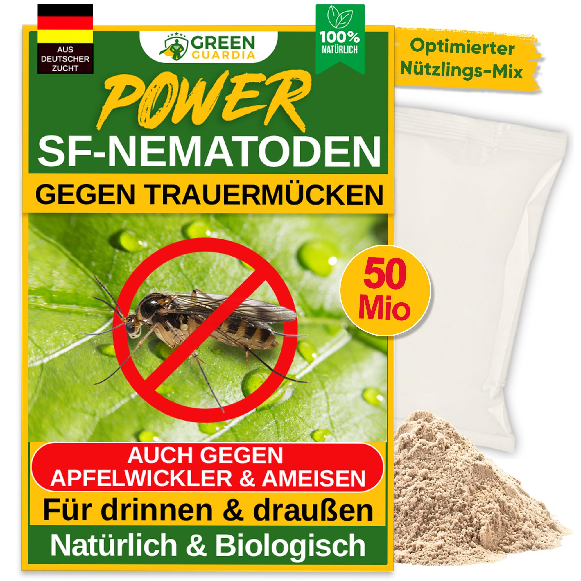 GREEN GUARDIA Power SF-Nematoden - 50 Mio. (500 Pflanzen/100m²) gegen Trauermücken – Biologisches Mittel zur effektiven Trauermücken Bekämpfung – Umweltfreundlich, chemiefrei
