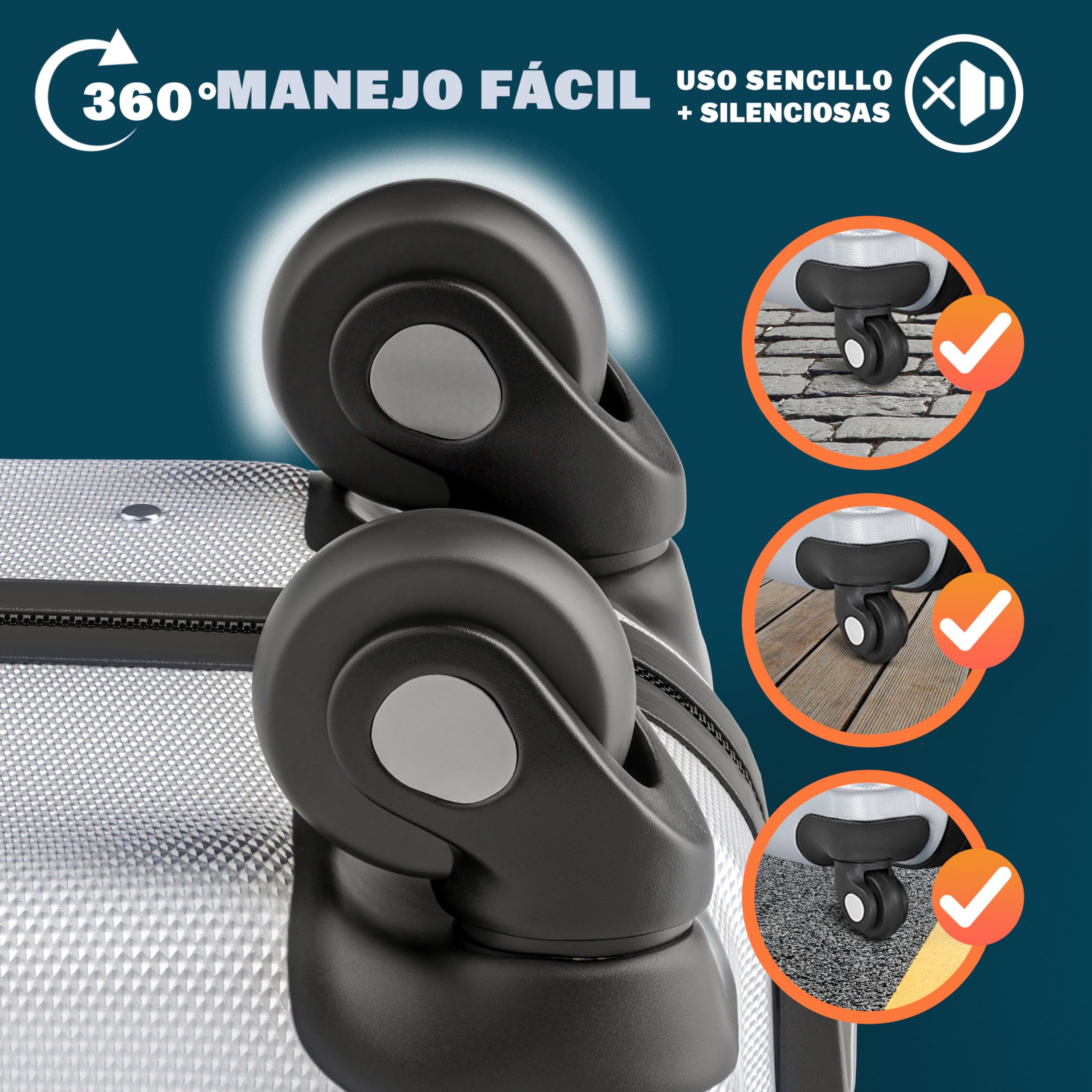 MONZANA® Maletas de Viaje Set 4 S-M-L-XL Equipajes Rígidos ABS Plata Asas de Gel Ruedas 360° Pies de Bloqueo