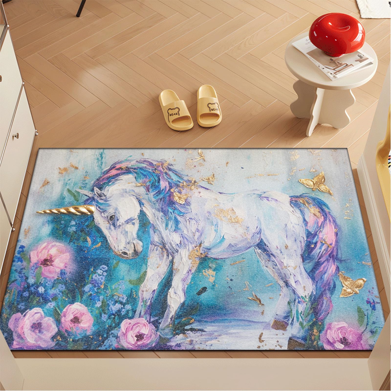 Fussmatte Innen 80x120 cm Blau Rosa Einhorn Fussmatte Aussen rutschfeste für Hund Eingang Badematte Waschbar Schmutzfangmatte Strapazierfähige und Langlebige Fussmatten Haustür