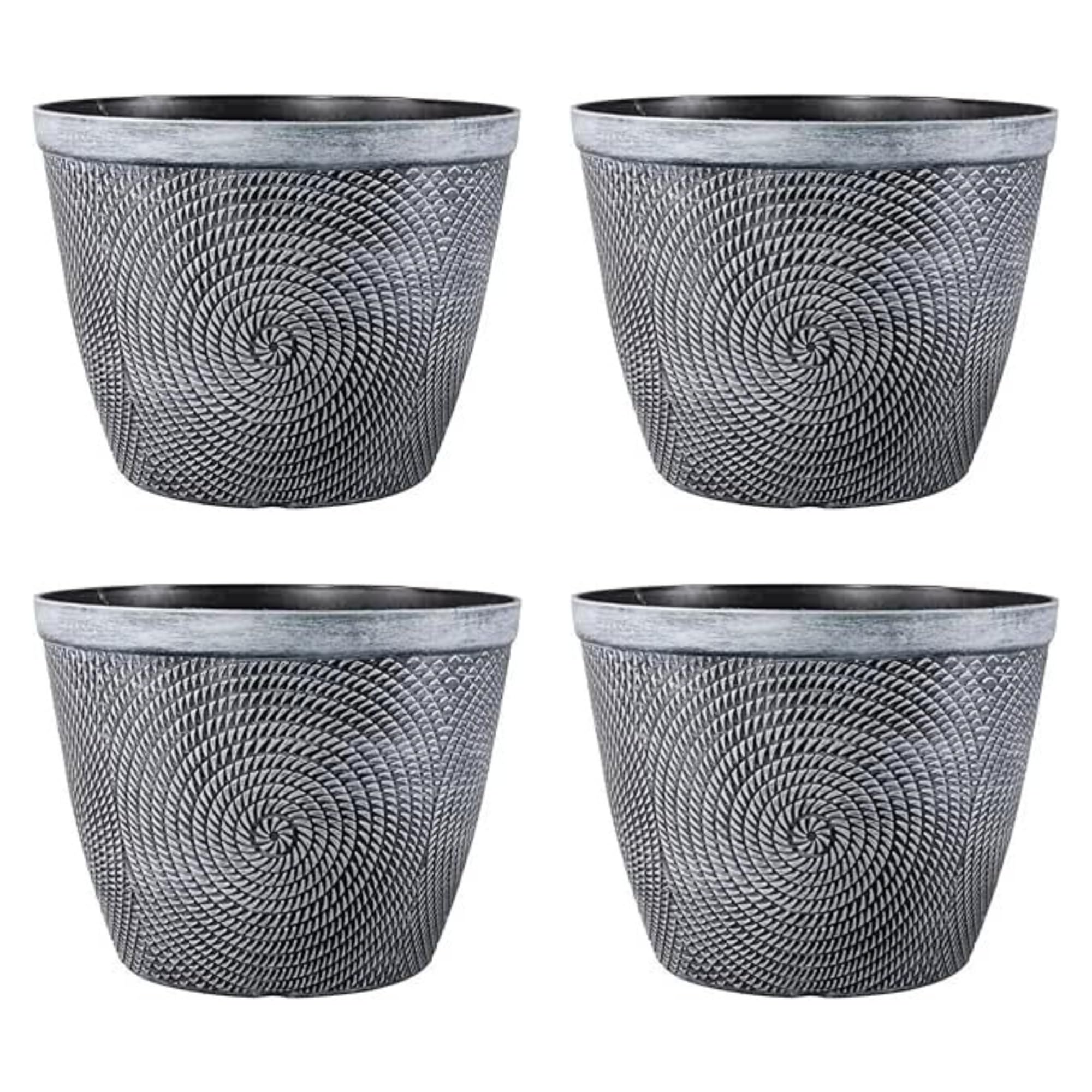 Fyne-Finds Round Silver Grey Plastic Plant Pot 30cm Spiral Effect 11.5L Garden Indoor Outdoor Planter Cover Drainage Holes, Weather, Frost Proof Glossy (4)