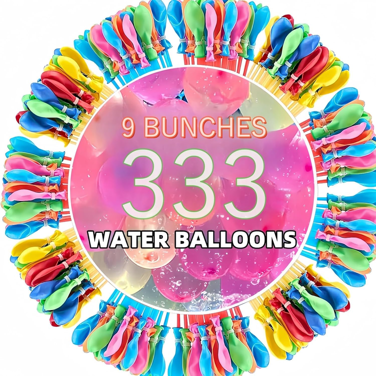 MEMSJIUWEN 333 Water Balloons Quick Fill in 5 Seconds, Self Sealing Auto Tie Balloons, Eco-Friendly Biodegradable Summer Toys for Kids Pool Party Beach Games (9 Bunches)