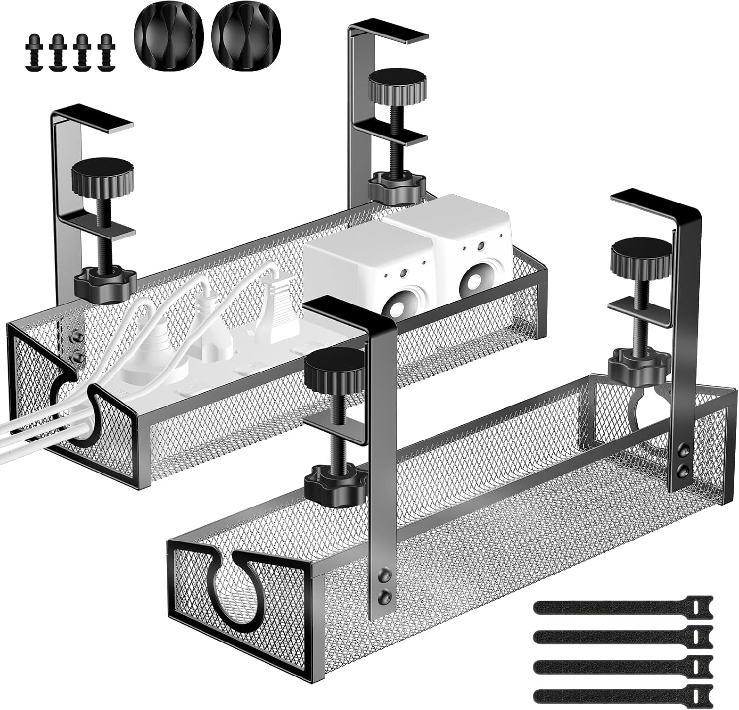 Under Desk Cable Management Tray Black, No Drill Desk Cable