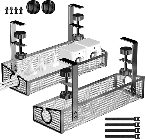 Miniatura 11 de Bandeja de gestión de cables para debajo del escritorio blanca, organizador de gestión de cables de escritorio sin taladro con abrazadera para 2