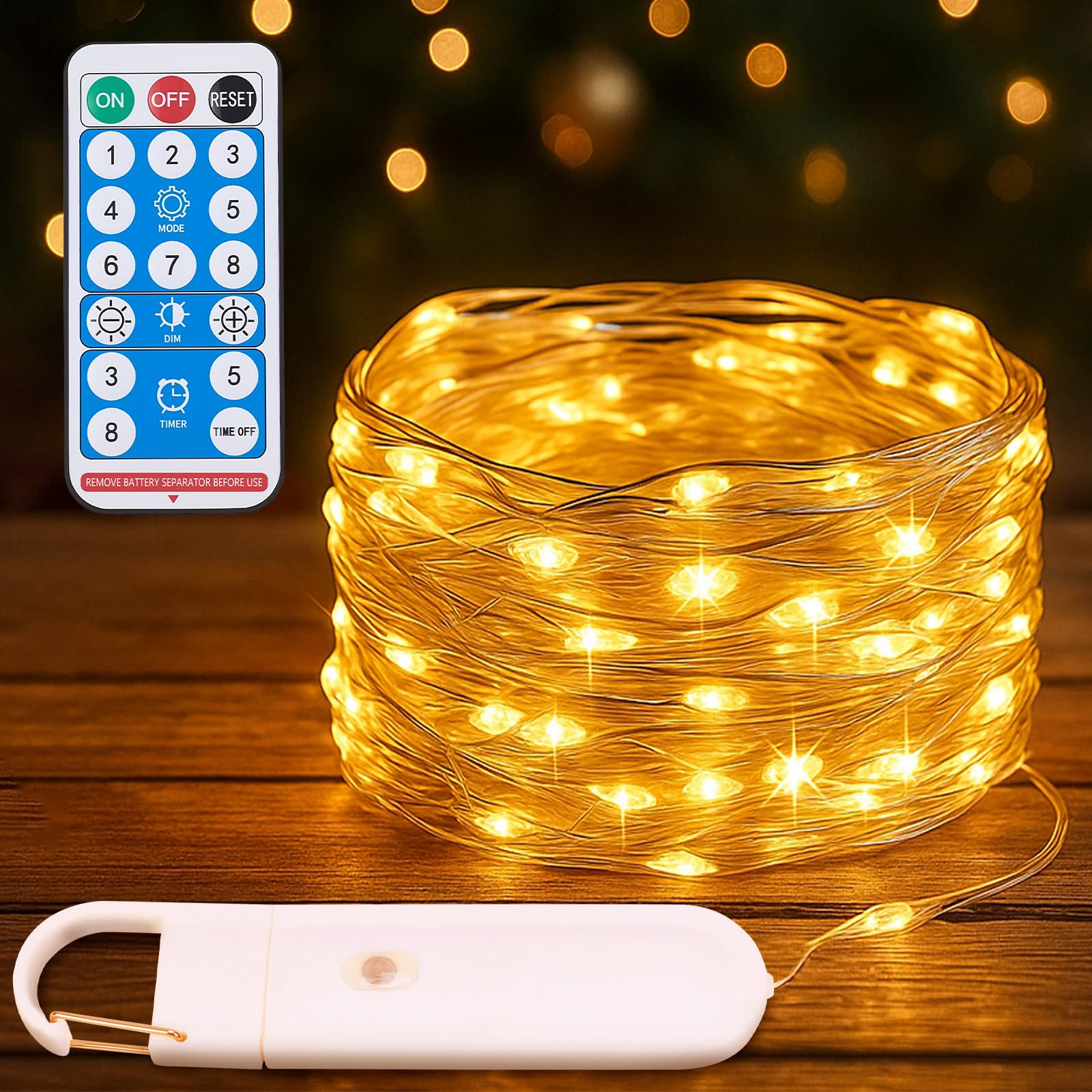 Guirnalda de luces parpadeantes de 33 pies, 100 luces LED USB con control remoto y temporizador, impermeable, 8 modos, luz de hadas estrellada para dormitorio, interior, fiesta, boda, Navidad
