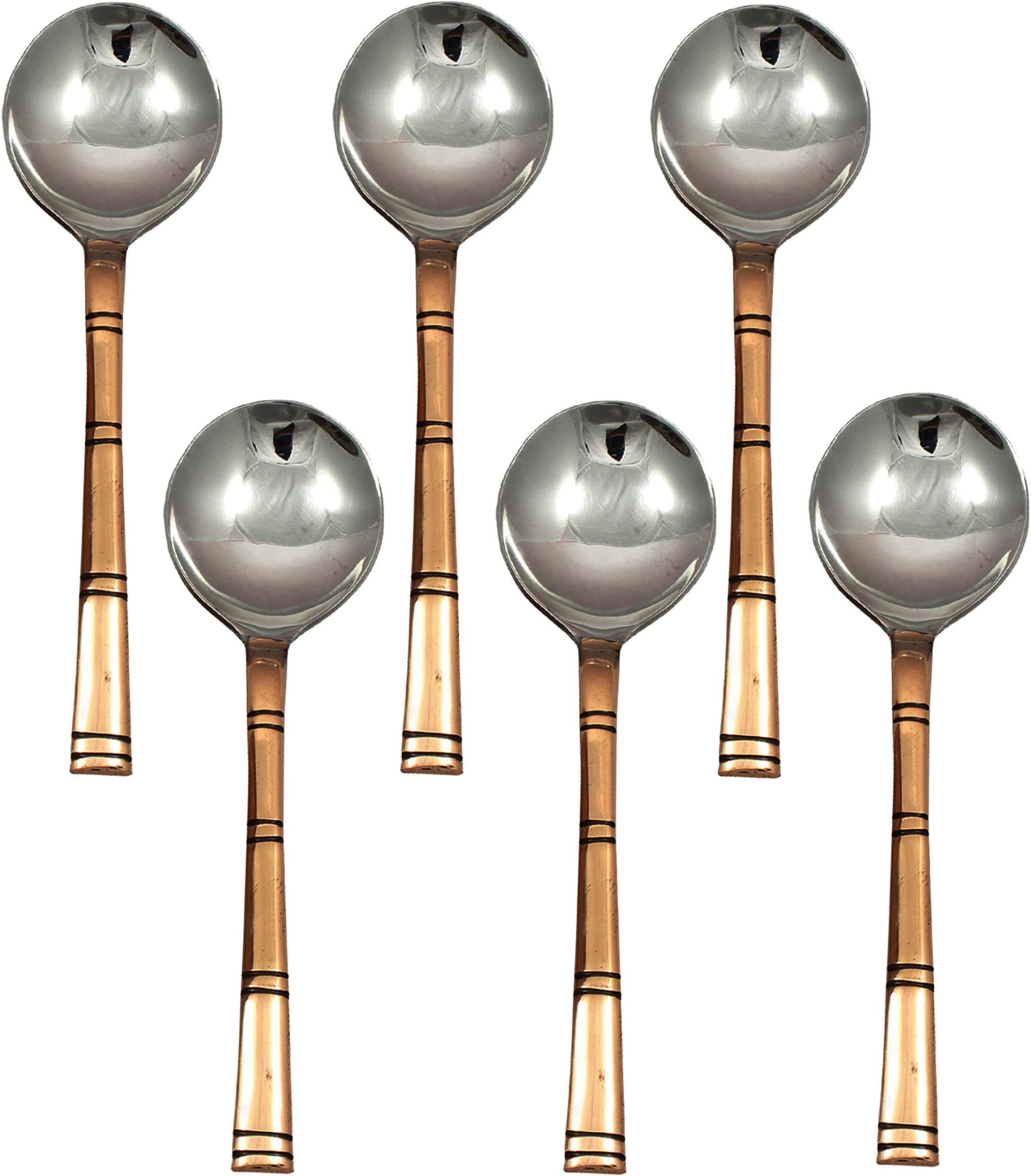 SKAVIJ Soup Spoons Stainless Steel Bouillon Spoons with Copper Handle (7 Inch, Pack of 6)