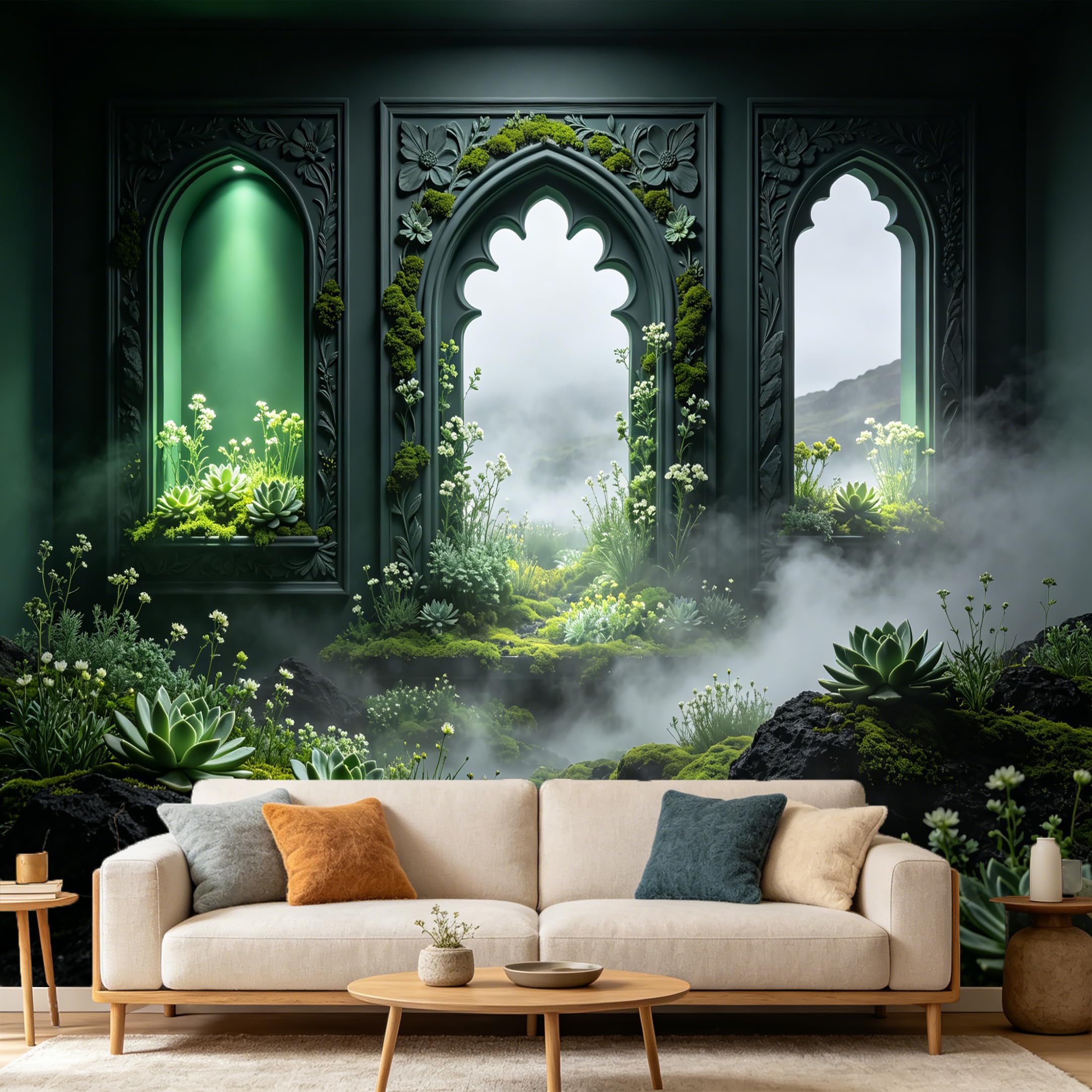 Custom Size Wall Mural， 3D Gothic Archway Mist Forest Botanical Succulent Garden， SelfAdhesive Art Prints wall Fabric Removable Large Wallpaper Home Living Room Decor