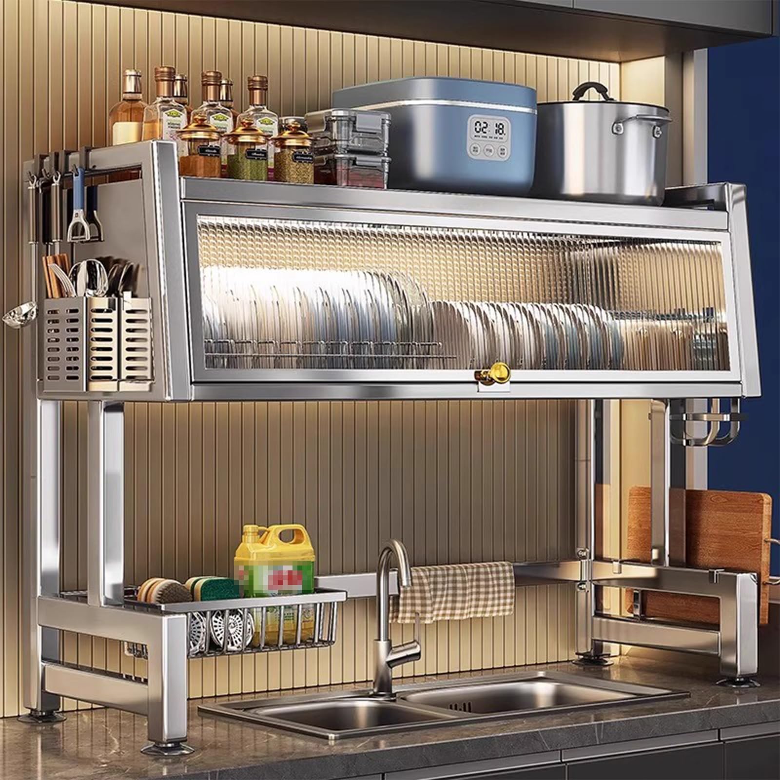 Stainless Steel Dish Rack with Flap Door, Over The Sink Dish Drying Drainer Rack, Kitchen Countertop Drain Shelf, Multifunctional Storage and Organization Shelf(75cm/29.5in)