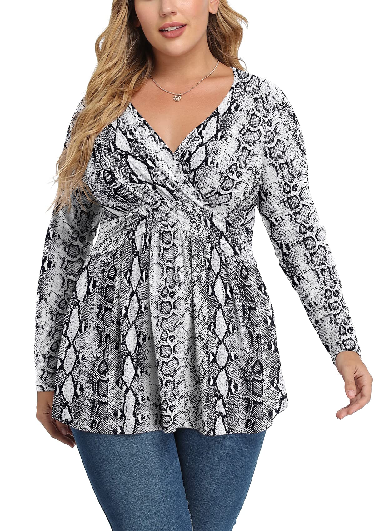 Women's Plus Size V Neck Long Sleeve Tunics Tops Lightweight Blouse Dressy Casual Top Ruched Trendy Clothes