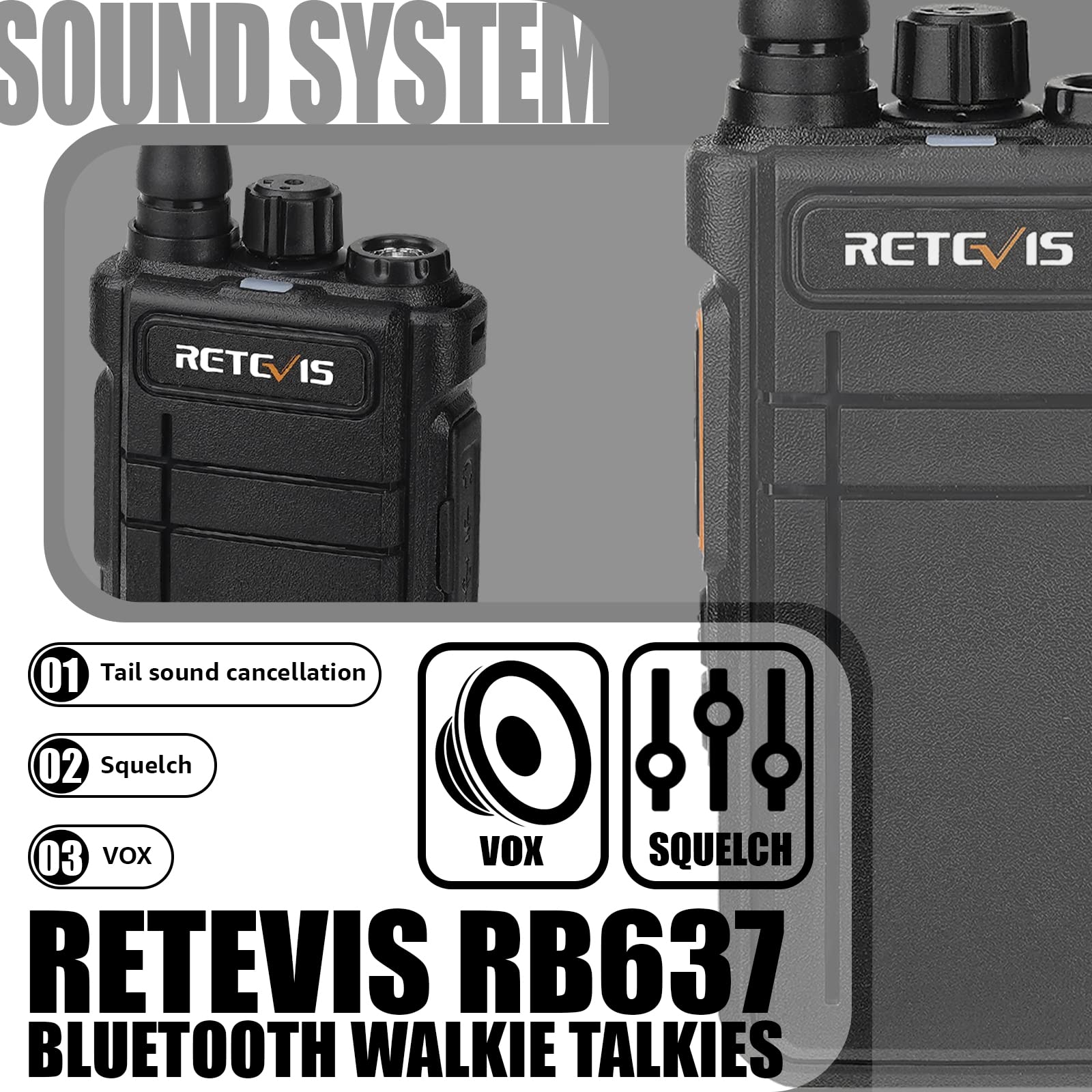 Retevis RB637 Bluetooth Radio Bidirezionale, Walkie Talkie con Auricolare Bluetooth, 2000mAh USB Ricaricabile, Torcia, PMR446 Walkie Talkie a Mani Libere con Wireless Copy Per i Ristoranti (nero, 1Pz)