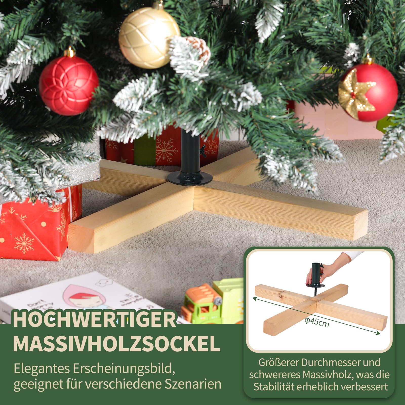 LIFERUN 180cm Árbol de Navidad Nevado, Abeto Nordmann Premium, Ramas Densas y Realistas, Arbol de Navidad Artificial con 32PCS Piñas, Soporte de Madera, 1092 Puntas de Rama, Fácil Montaje, Ignífugo