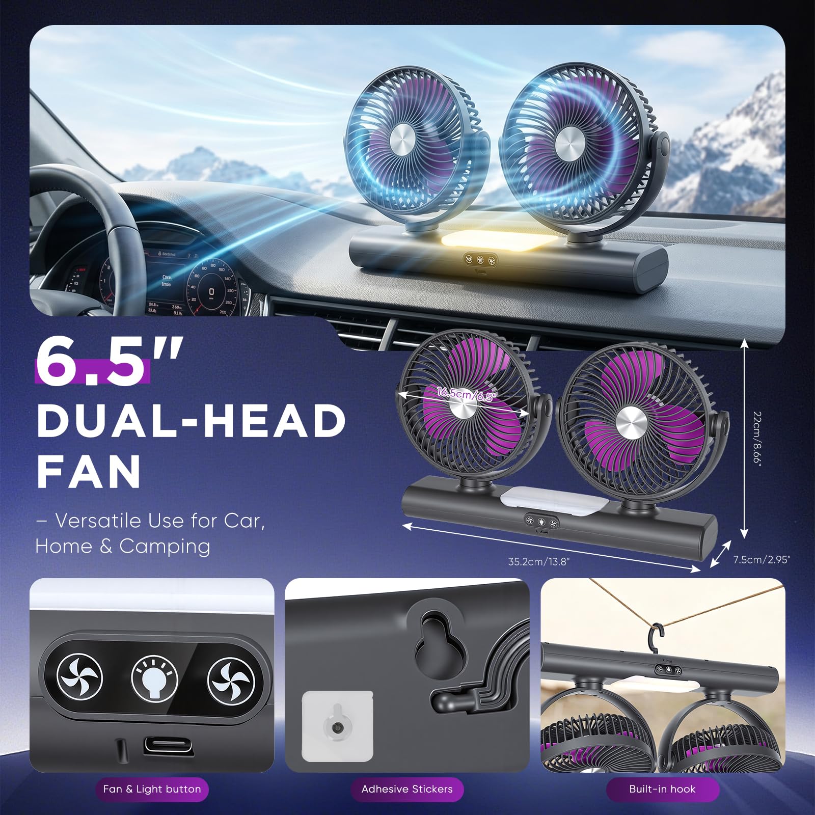 Ventilateur de Voiture Double Tête 6.5" – Ventilateur Pour Voiture Rechargeable 3000mAh avec Veilleuse, 3 Vitesses, Rotation 360°, Ventilateur de Véhicule Portable pour Voiture Camping Maison