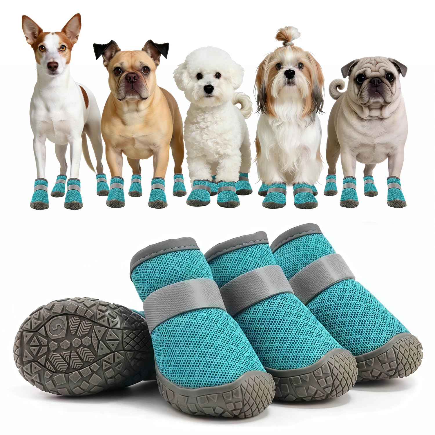 UTXN Small Dog Boots (4 Pcs), Lightweight Mesh Paw Protectors for XS Dogs Under 10kg, Adjustable Non-Slip Shoes for Walking & Injured Paws(Blue)(Paw Length 5.3cm,Width 4.8cm)
