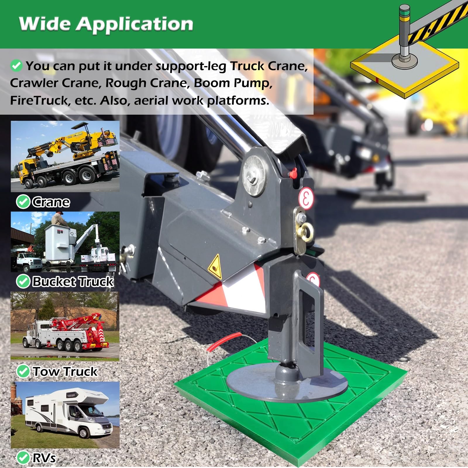 Coussinets de Crics Grues Carré Haute densité Coussins stabilisateurs pour outrigger, Blocs de vérins empilables pour camion à godets, épave, camping-car, Coussinets de nivellement en caoutchouc(Green