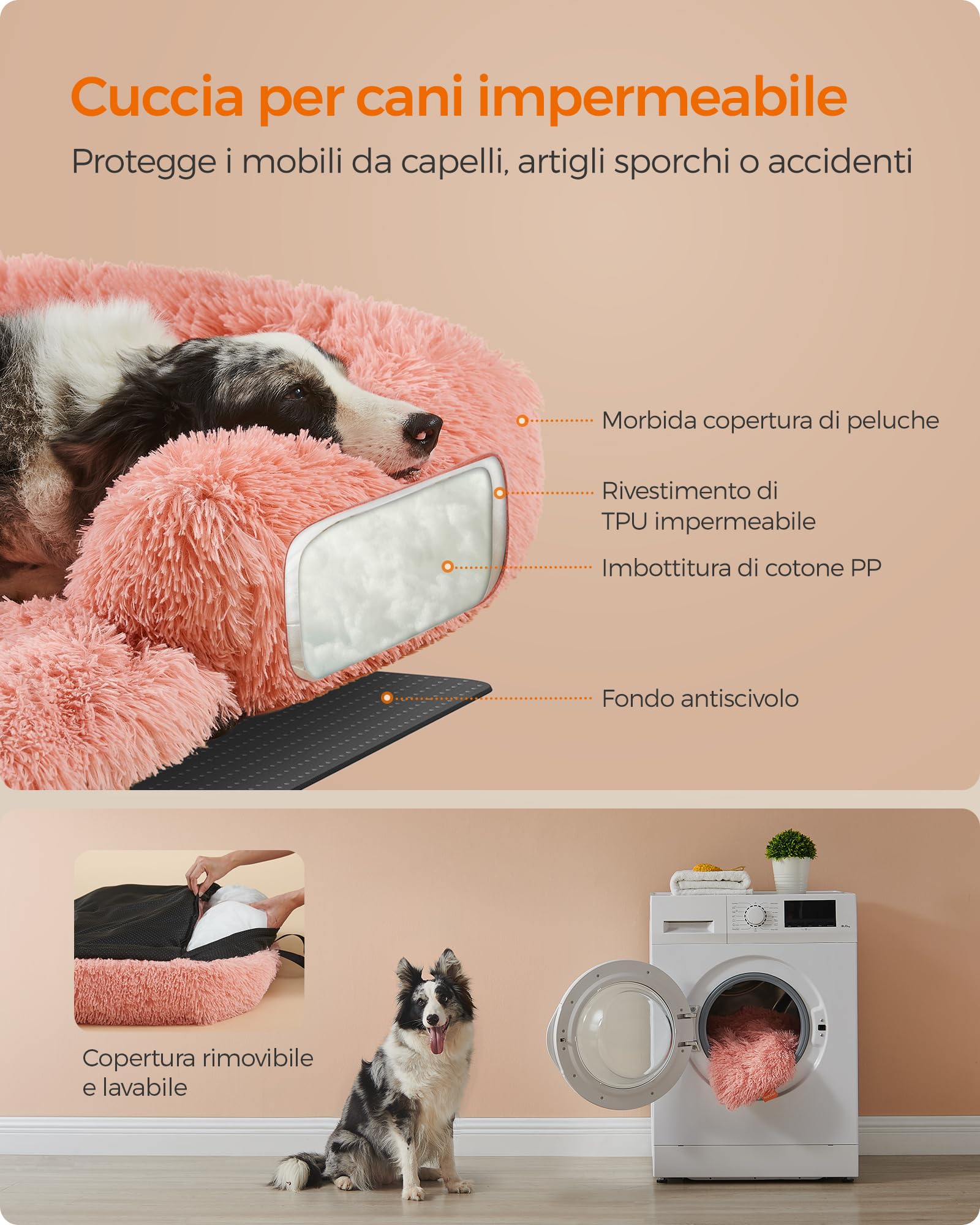 Feandrea FluffyHug Cuccia per Cani di Peluche, Tappeto Copridivano per Animali, Divano per Cani, XL, per Cani di Taglia Meida e Grande, 110 x 95 x 18 cm, Rosa PGW223R01