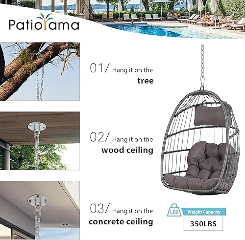Miniatura 7 de Patiorama Silla columpio de huevo para interiores y exteriores sin soporte silla colgante de ratán de mimbre para patio con cojín capacidad de 350