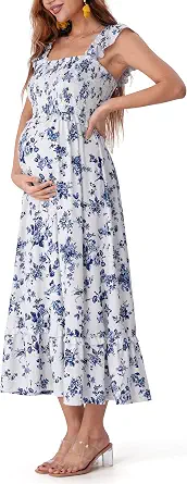 Sunnybuy Summer Maternity Maxi Dress, Floral Pregnancy Dress with Smocked Bodice and Ruffle Sleeves