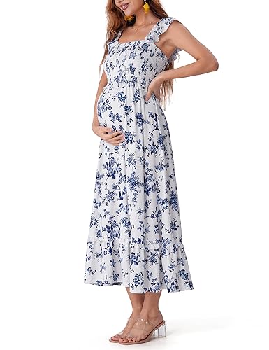 SUNNYBUY Summer Maternity Maxi Dress, Floral Pregnancy Dress with Smocked