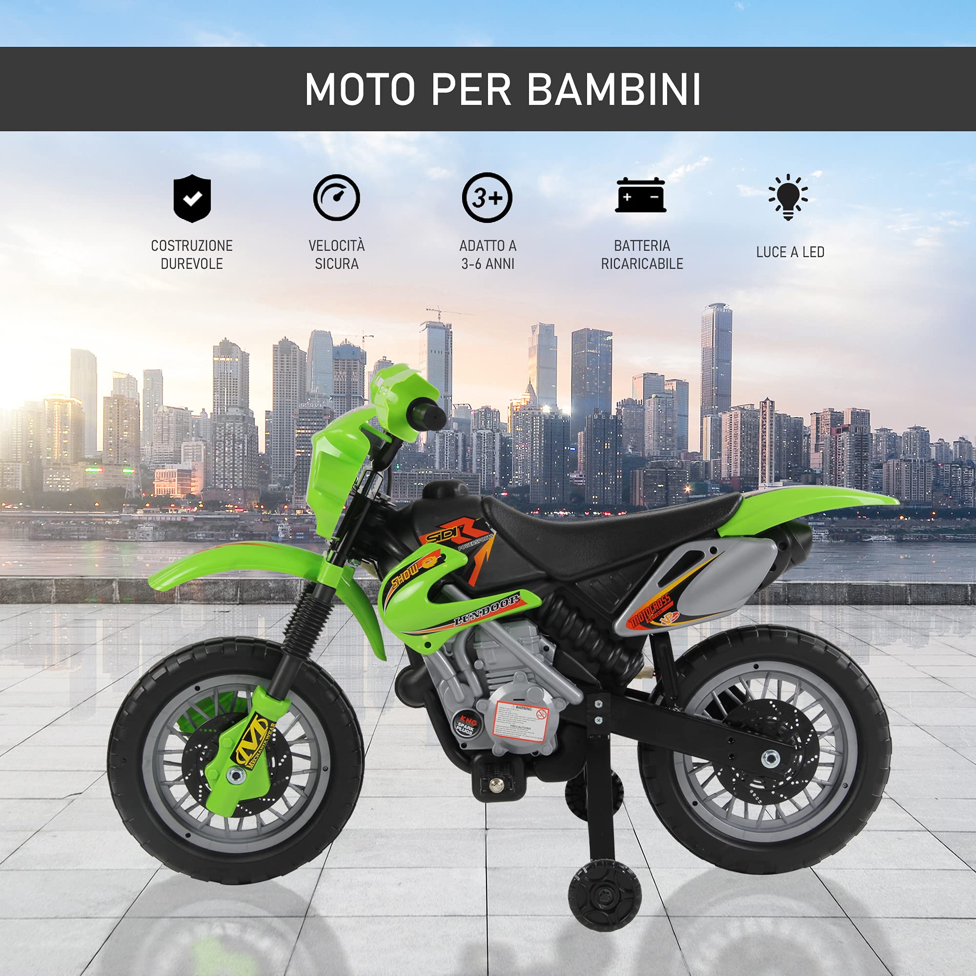 HOMCOM Moto Elettrica per Bambini 3+ Anni, 6V 2.5km/h, 102x58x66cm, Verde