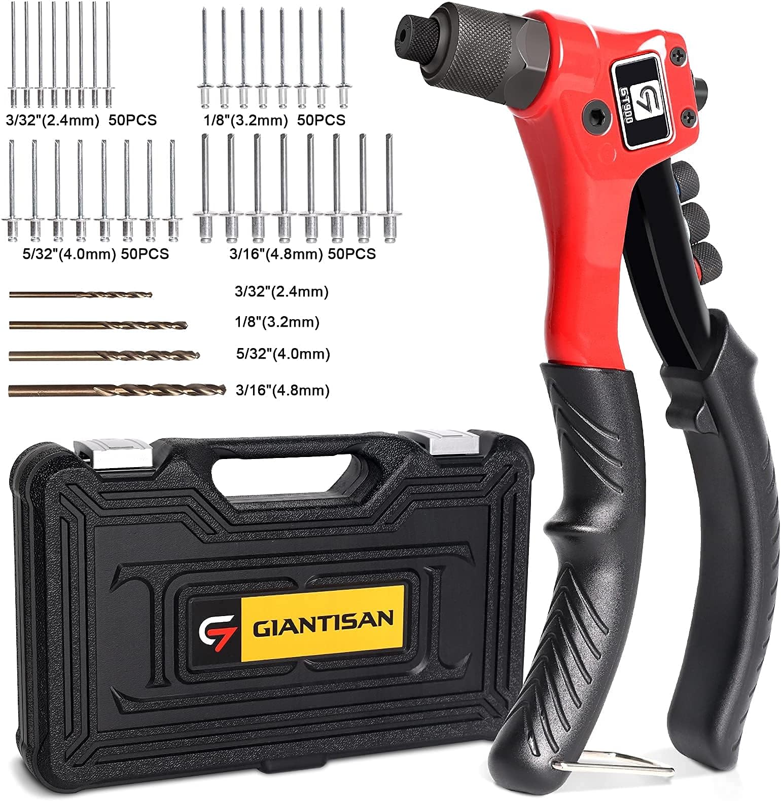 Rivet Gun, GIANTISAN Pop Rivet Tool Kit with 200 Rivets and 4 Drill Bits, Manual Hand Riveter Kit with Rugged Carrying Case