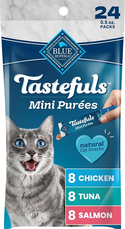 Blue Buffalo Tastefuls Mini Purées Petisco Úmido para Gatos Sabores Frango, Atum e Salmão, Pacote com 24 Tubos de 14 g