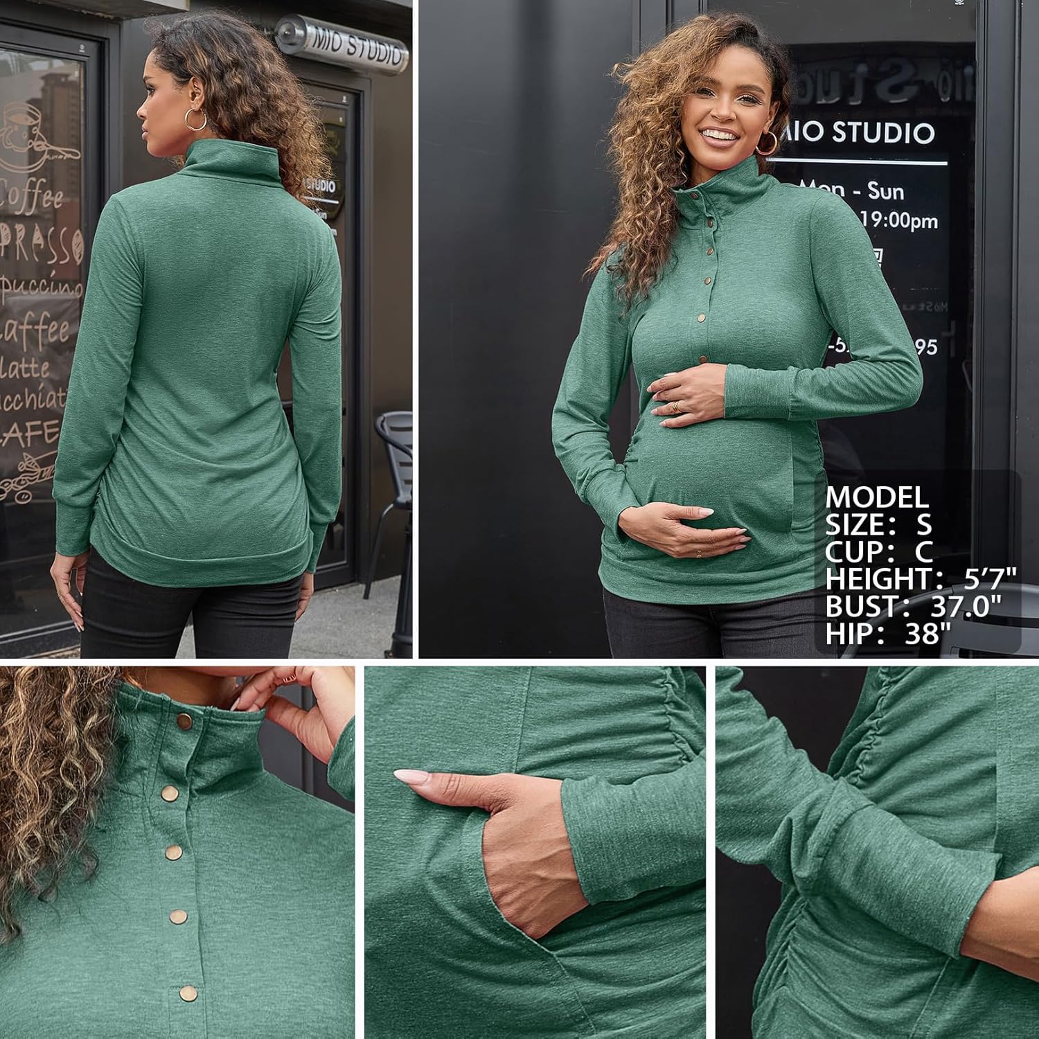 Bhome Maternity Shirt Casual Long Sleeve Half Button Front Lightweight Sweatshirts Slim Fit Pullover Tops with Pockets - Image 5