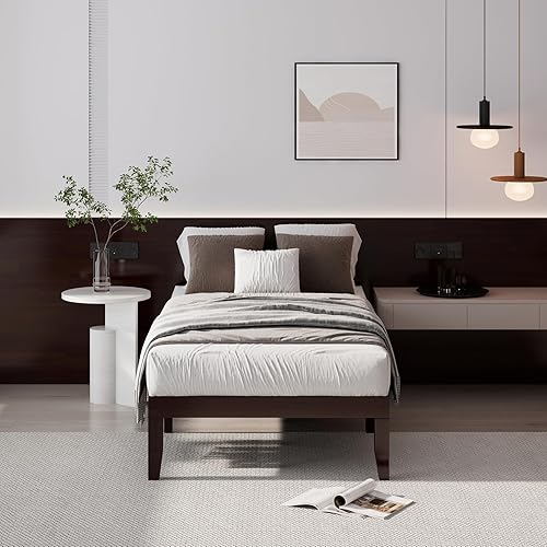 Miniatura 50 de Giantex Base de cama de plataforma de madera matrimonial de 14 pulgadas, base de colchón de estilo minimalista con madera de goma maciza, soporte de