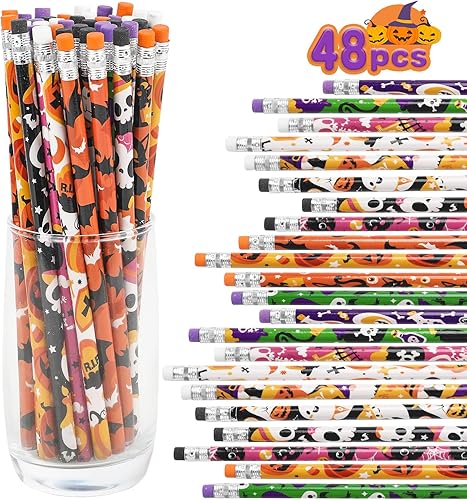 FINGOOO 48 lápices de Halloween para niños, varios lápices de Halloween a granel con borradores en 12 diseños, sin dulces, golosinas de Halloween,