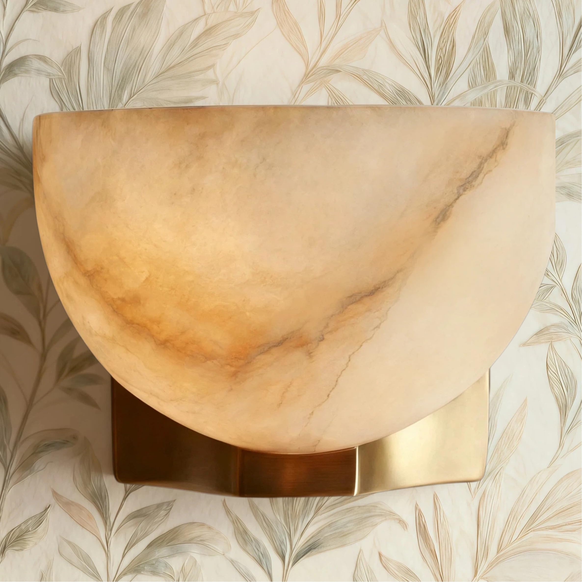 Photo 1 of Bowl-Shaped Alabaster Sconce, 6” Diam Unique Textures Stone Wall Lamp, Hand-Polished Natural Stone Wall Mounted Lamp with Metal, Wall Light Fixture for Hallway, Bathroom, Bedroom, Living Room (Brass)
