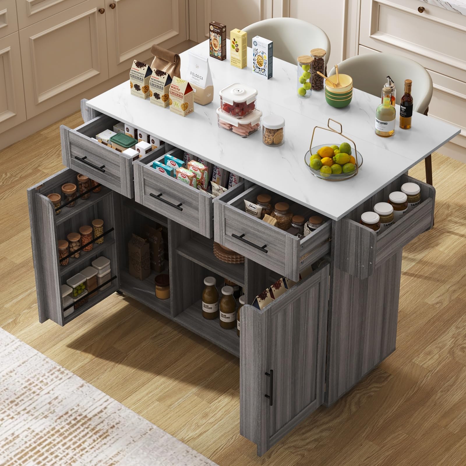 YEHTOKHOME Îlot Central Cuisine avec Plan Rabattable, Desserte de Cuisine à roulettes, Buffet Salle a Manger avec 2 Portes et 2 Tiroirs, Étagère à Épices,Porte-Serviettes (Gris)
