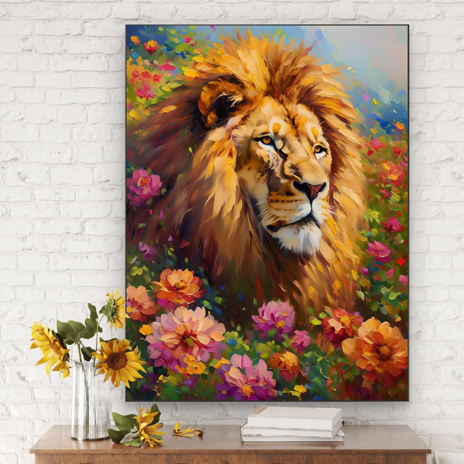 Malowanie po numerach kwiat, 90x120 cm malowanie po numerach lew dla dorosłych, bez ramy, zestaw do malowania olejnego na płótnie z 3 pędzlami, Pigment akrylowy, malowanie według numerów dekoracja
