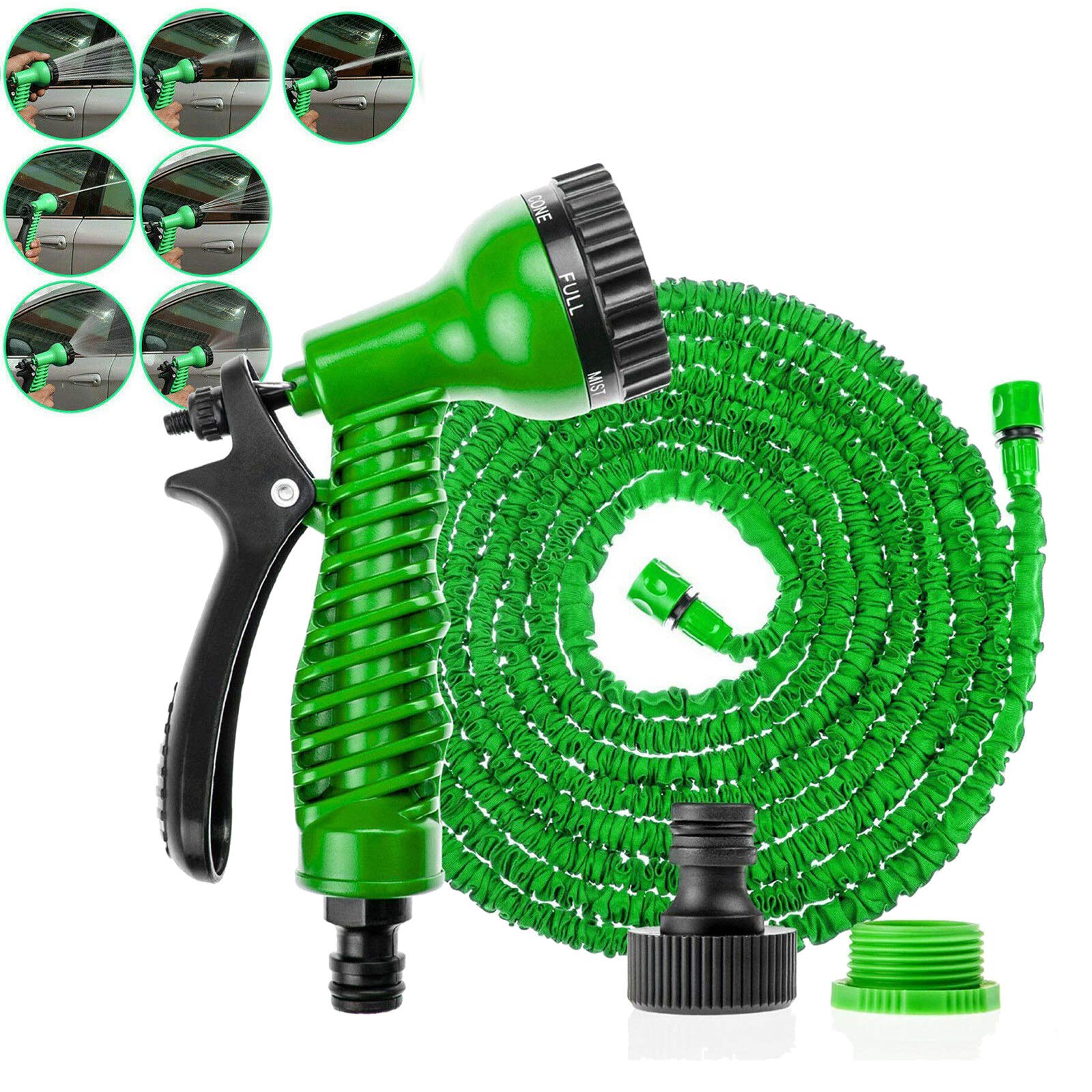 Xinng 100ft Expandable Garden Hose with 7 Setting Spray Gun 2 Connectors Flexible Durable Water Pipe for Garden Home Car Cleaning Planting Green