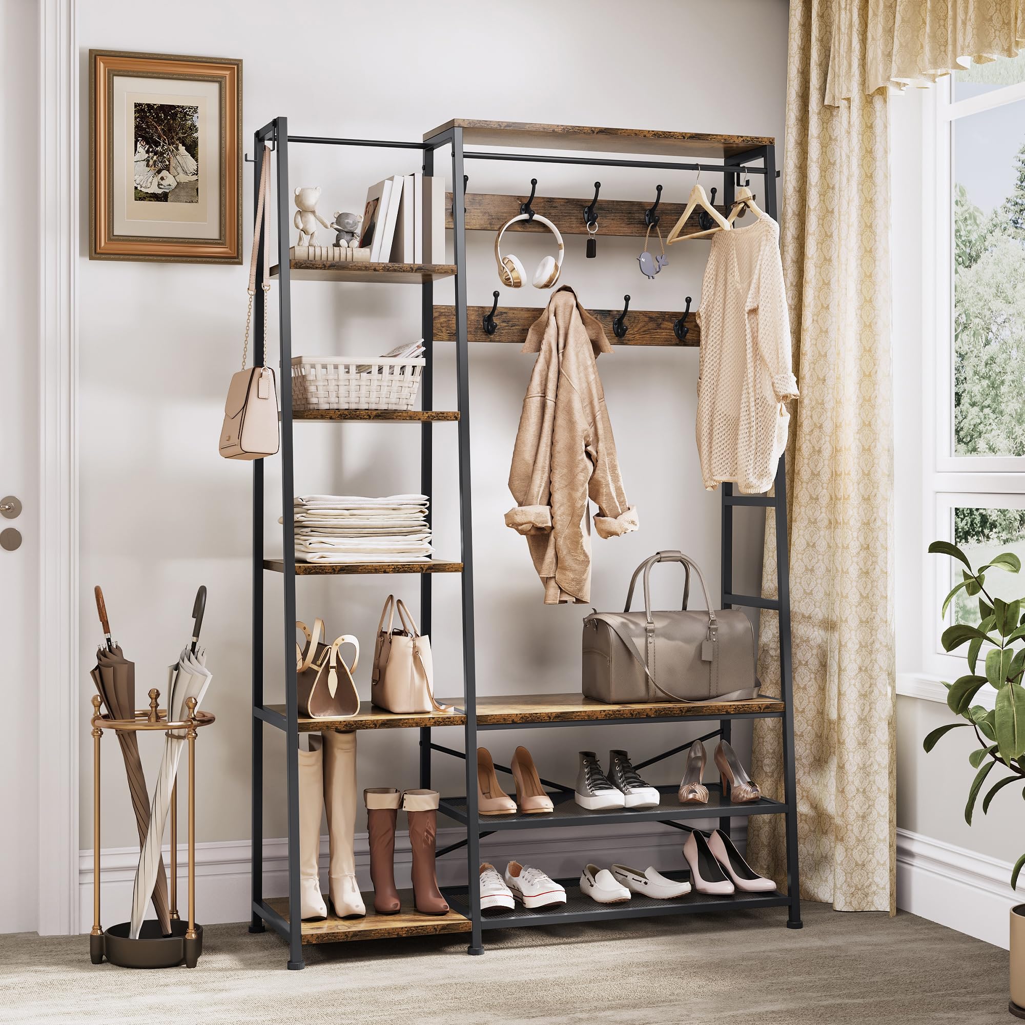 YITAHOME Perchero con Almacenamiento de Zapatos, Árbol de Pasillo Independiente con Banco Perchero Industrial con 5 Estantes Barra para Ropa para Dormitorio Sala de Estar Pasillo Entrada, Marrón | Perchero industrial con 9 ganchos y 5 estantes para dormit