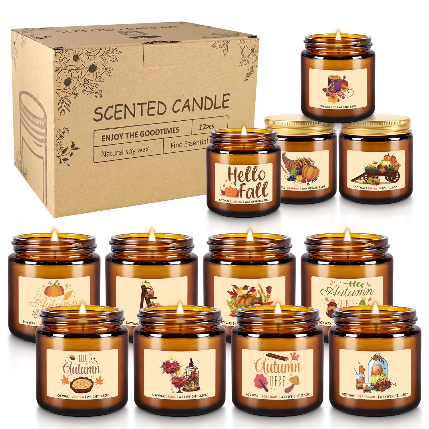 Herbsternte Duftkerzen Geschenkset – 12 Stück Herbst-Sojawachskerzen mit ätherischen Ölen, 100 ml Bernsteinkerzen für Heimdekoration, Thanksgiving & Halloween-Geschenke
