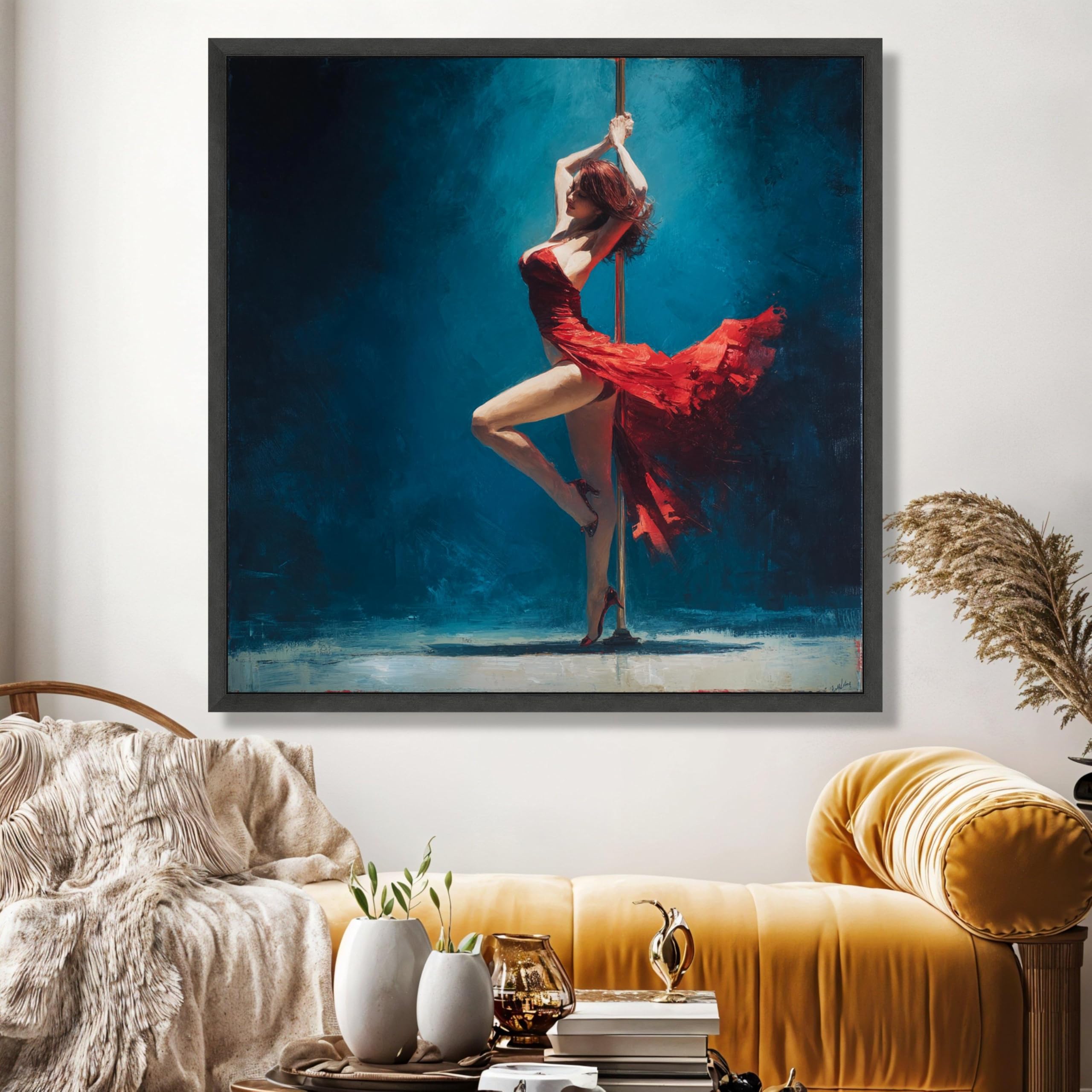 Plakaty i druki, sztuka ścienna na płótnie z tańcem na rurze, czerwona sukienka, współczesna kobieta taniec graficzny, dekoracja domu (70x70cm/rama wewnętrzna)