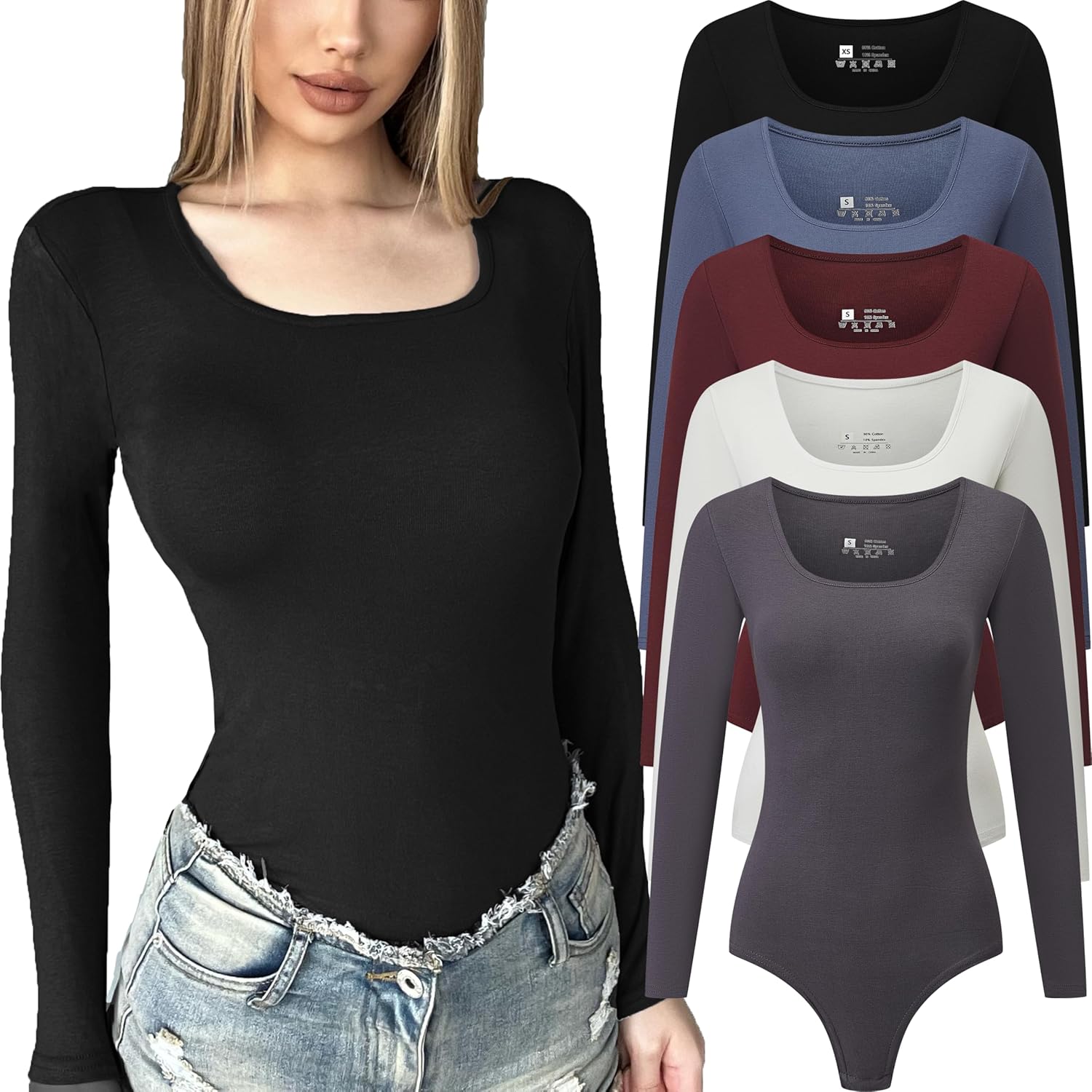 FMNNNN 5 Pack Body Suits for Womens Long Sleeve Square Neck Casual Stretchy Basic T Shirt Bodysuit Tops FMNNNN 5 Pack Body Suits for Womens Long Sleeve Square Neck Casual Stretchy Basic T Shirt Bodysuit Tops