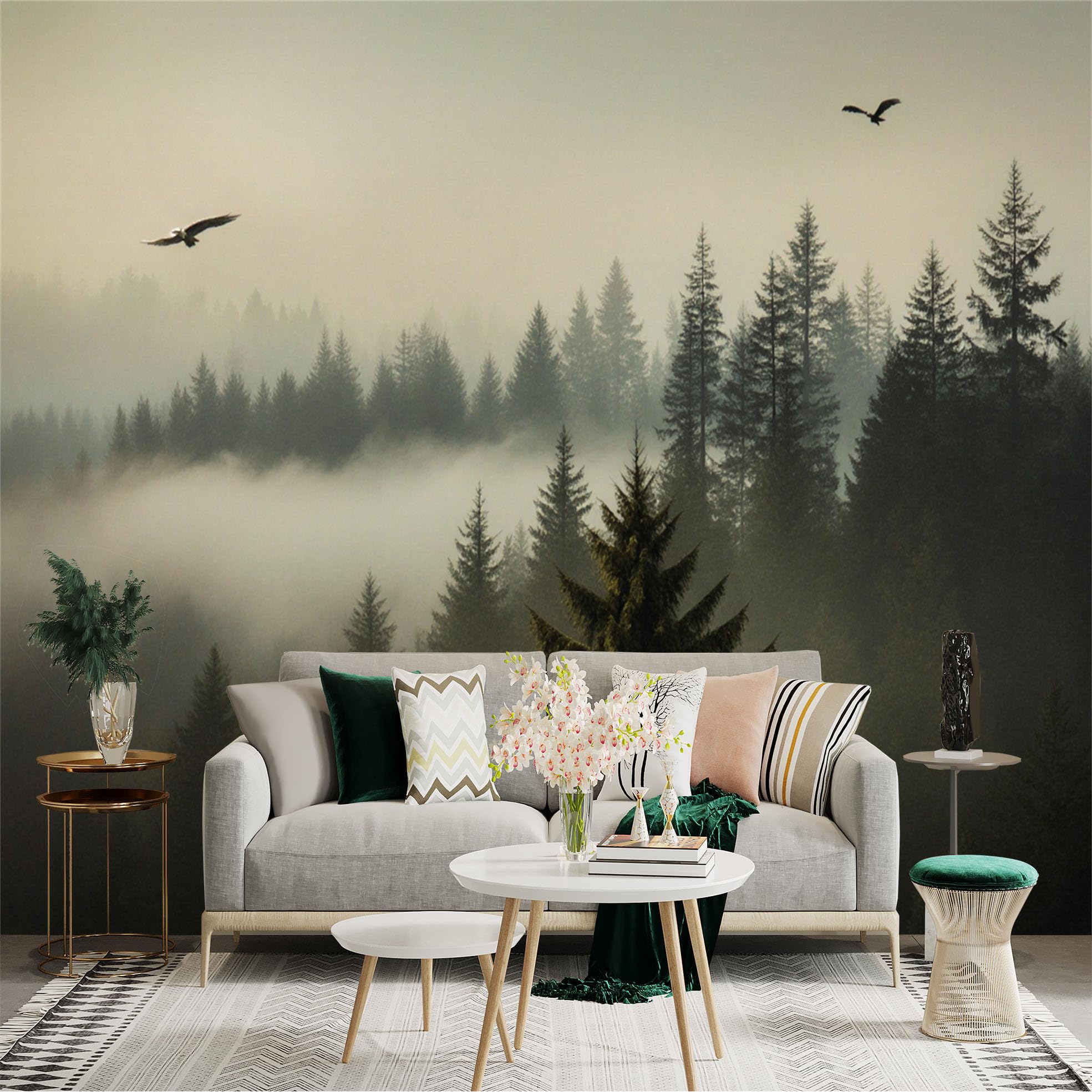 Lnzczhyre Xc260505112 Custom Size Wall Sticker Mural， Misty Pine Forest， Flying Birds， Ethereal Woodland Landscape， Nature Scenery， For Wall Decoration， Peelandstick Wall Decals.