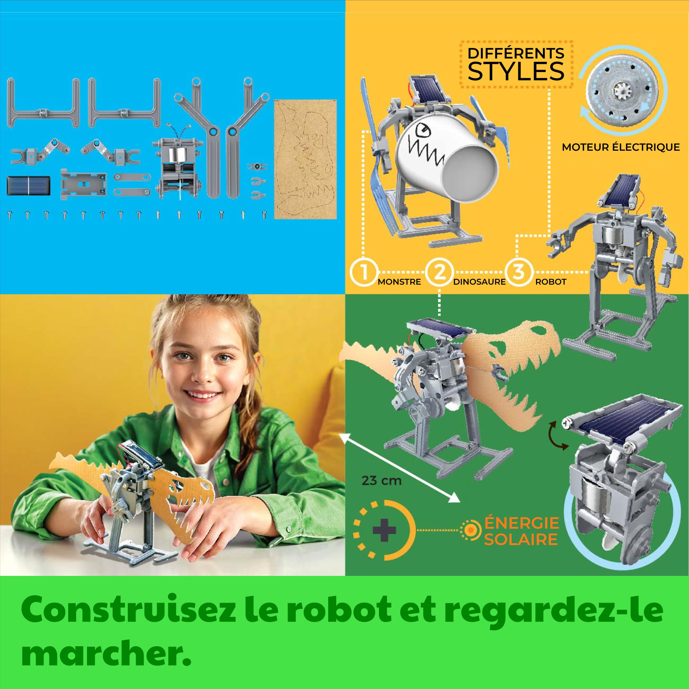 4M Kidzlabs GREEN SCIENCE: ROBOT SOLAIRE / EMBALLAGE F R A N C A I S, H14cm, à l'aide des panneaux solaires et un moteur le robot peut se déplacer, instructions détaillées incluses, boîte 24x22x6cm, 5+
