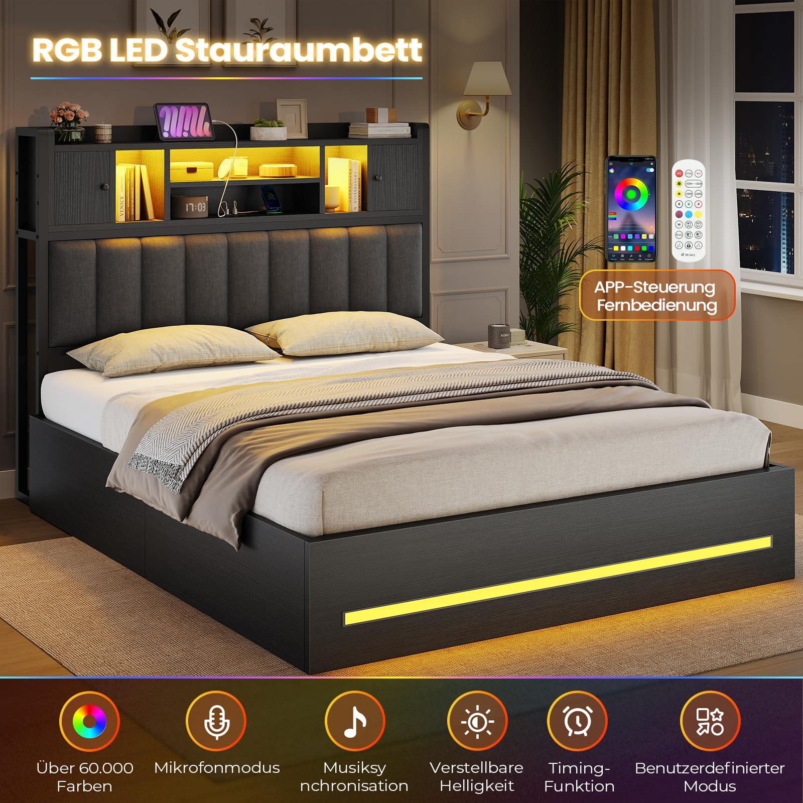 AOGLLATI Bett 140x200 mit Hydraulischem Stauraum & Kopfteil Stauraum Polsterbett Jugendbett mit LED Beleuchtung und Ladestation Doppelbett Bettgestell mit Lattenrost aus Holz(Schwarz, 140x200cm)