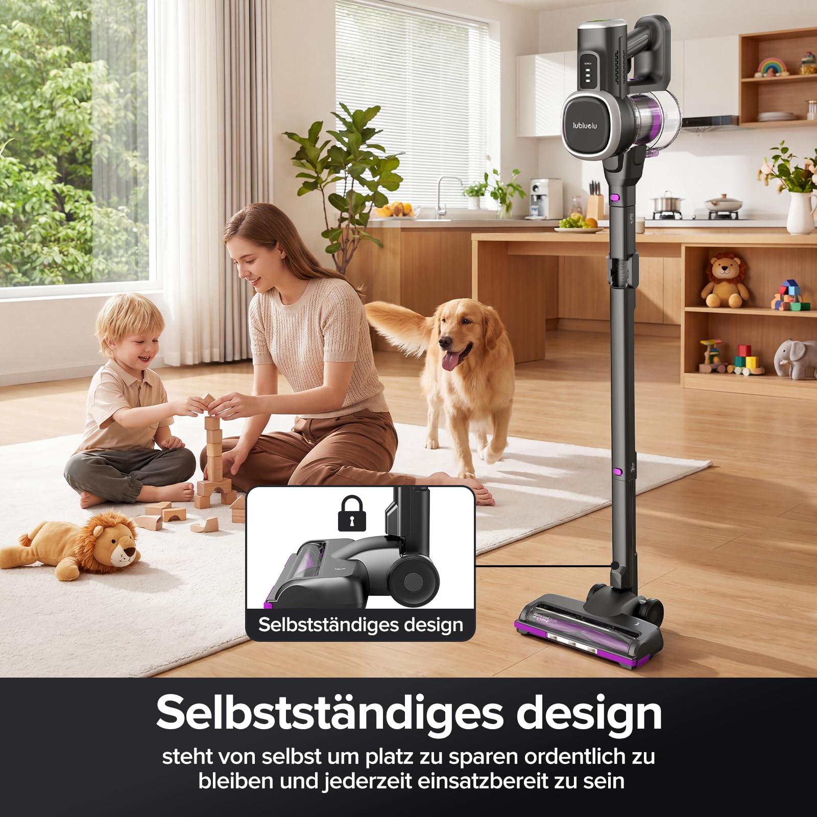 Lubluelu Akku-Staubsauger 48KPa 450W | Kabellos bis 50 Min Laufzeit | Faltbares Knickrohr | Anti-Tangle Bürste | Großer Staubbehälter | Leise & Selbststehend für Hartboden, Teppich & Tierhaare