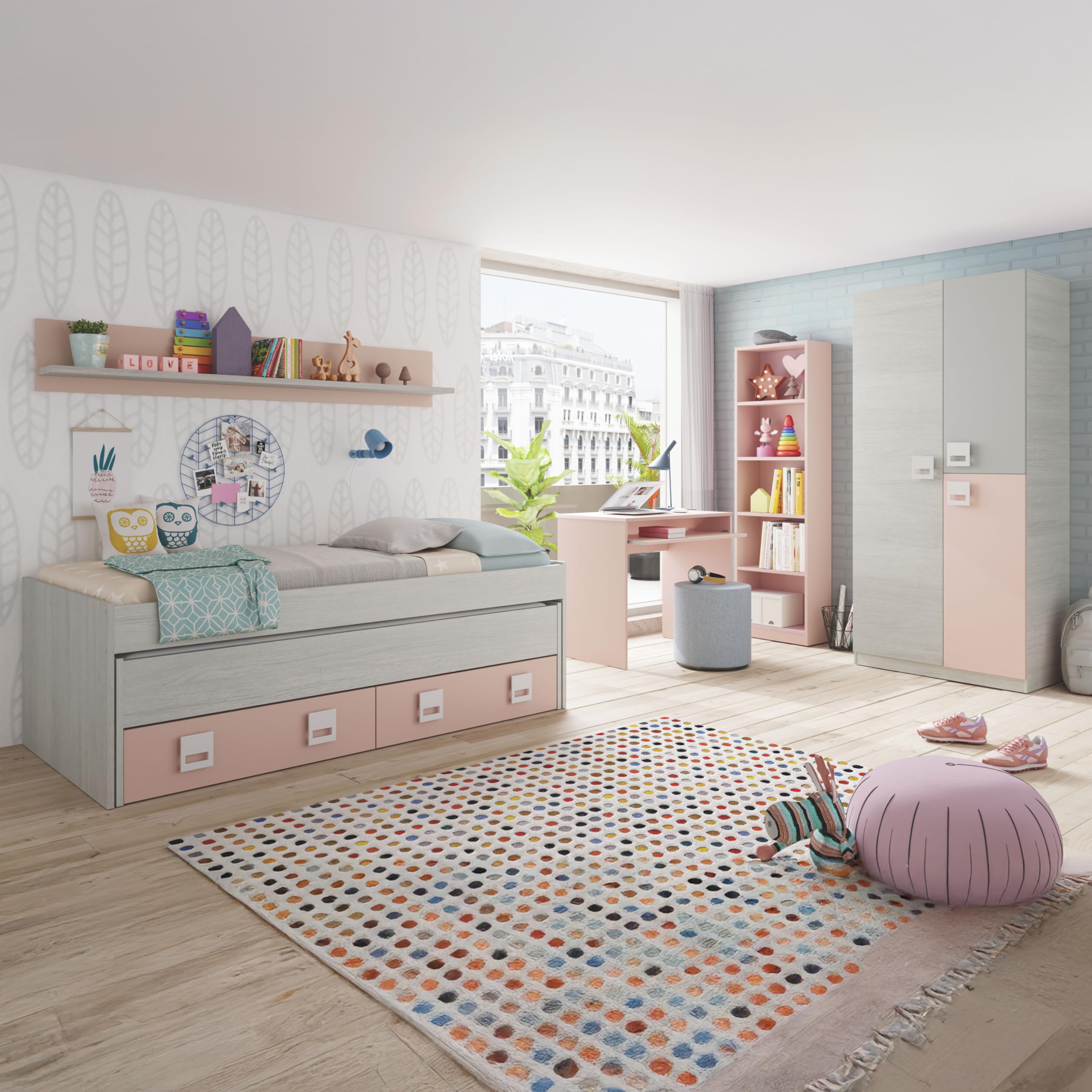duehome | Pack de Dormitorio Juvenial con Cama Nido Juvenil, Armario, Escritorio y Estantería, Conjunto de Dormitorio Infantil, Modelo Kenia MAX, Acabado en Blanco Alpes, Rosa Pastel y Gris