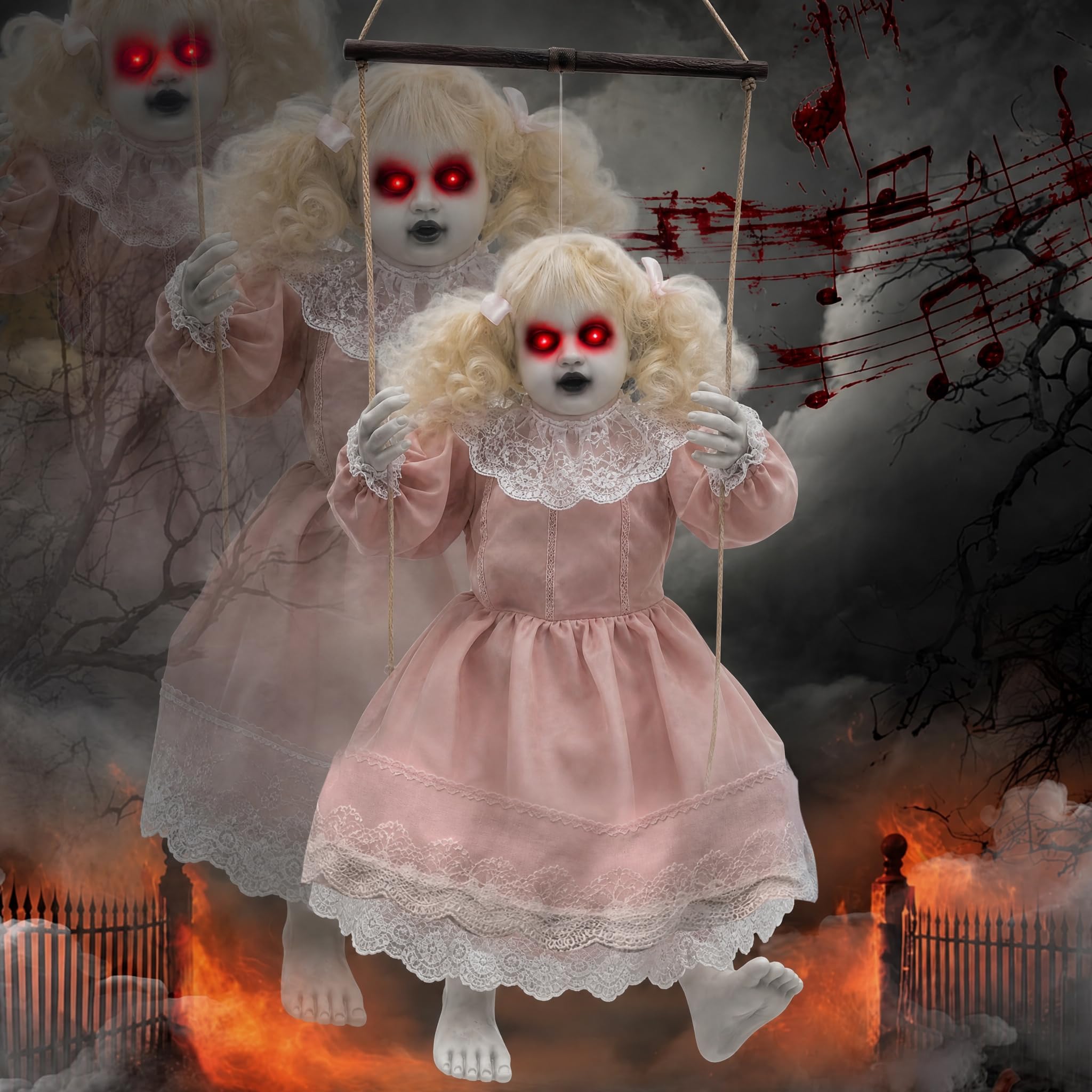 TW SHINE Decorazioni animatronic per bambole di Halloween, per esterni, ragazza oscillante da appendere con occhi illuminati, suoni raccapriccianti attivati dal suono, decorazione spaventosa per