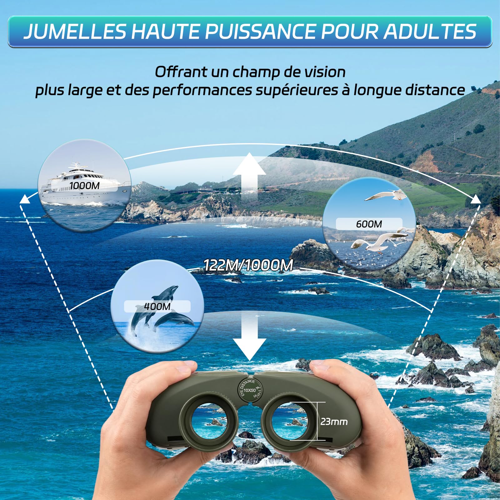 10x50 Jumelles Marines étanche pour Adultes pour Voyage | Jumelles avec Boussole Télémétrique étanche Remplie - HD BAK4 Prism FMC Objectif pour l'observation Oiseaux, Concert