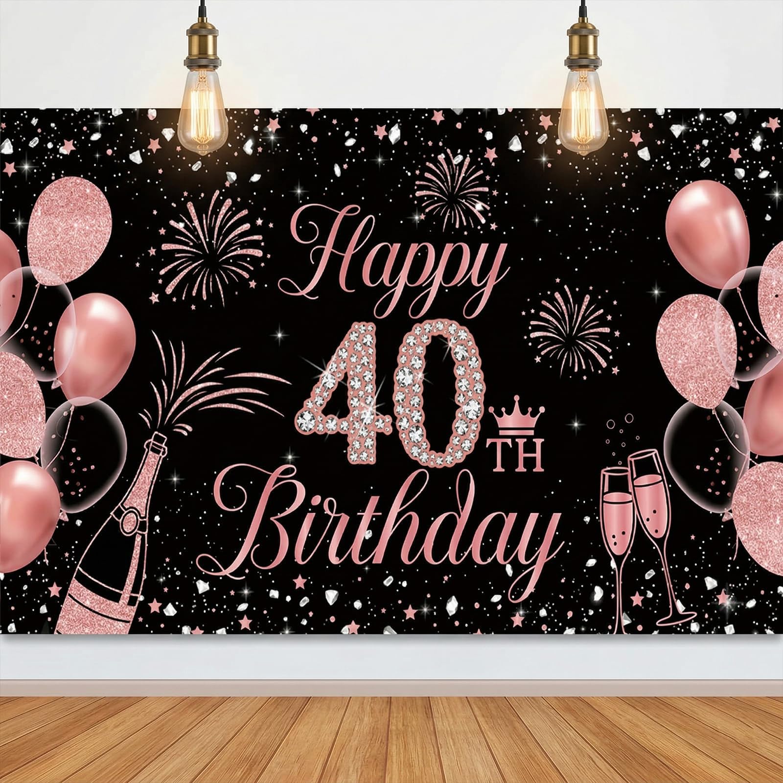 40th Birthday Decorations for Women, Large Rose Gold Happy 40th Birthday Banner, Black and Rose Gold 40th Birthday Backdrop for Photography, Cheers to 40 Years Milestone Party Supplies - 120x80cm