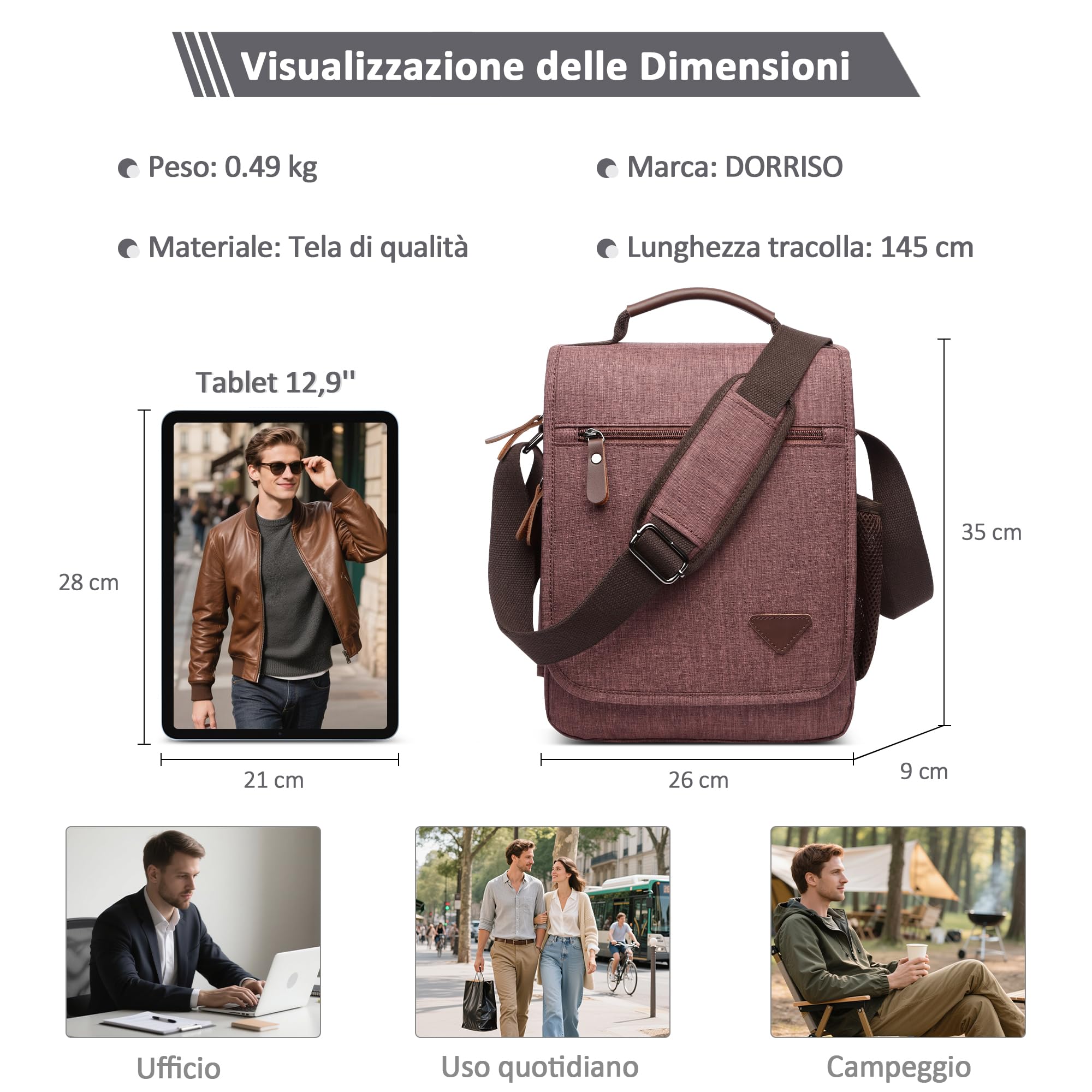 Moda Uomo Borsa a Tracolla Elegante Borse Messenger Ventiquattrore 12.9 pollici Laptop Messenger Bag Briefcase Viaggio Causale Lavoro Scuola Uomo Borsa a Tracoll Marrone