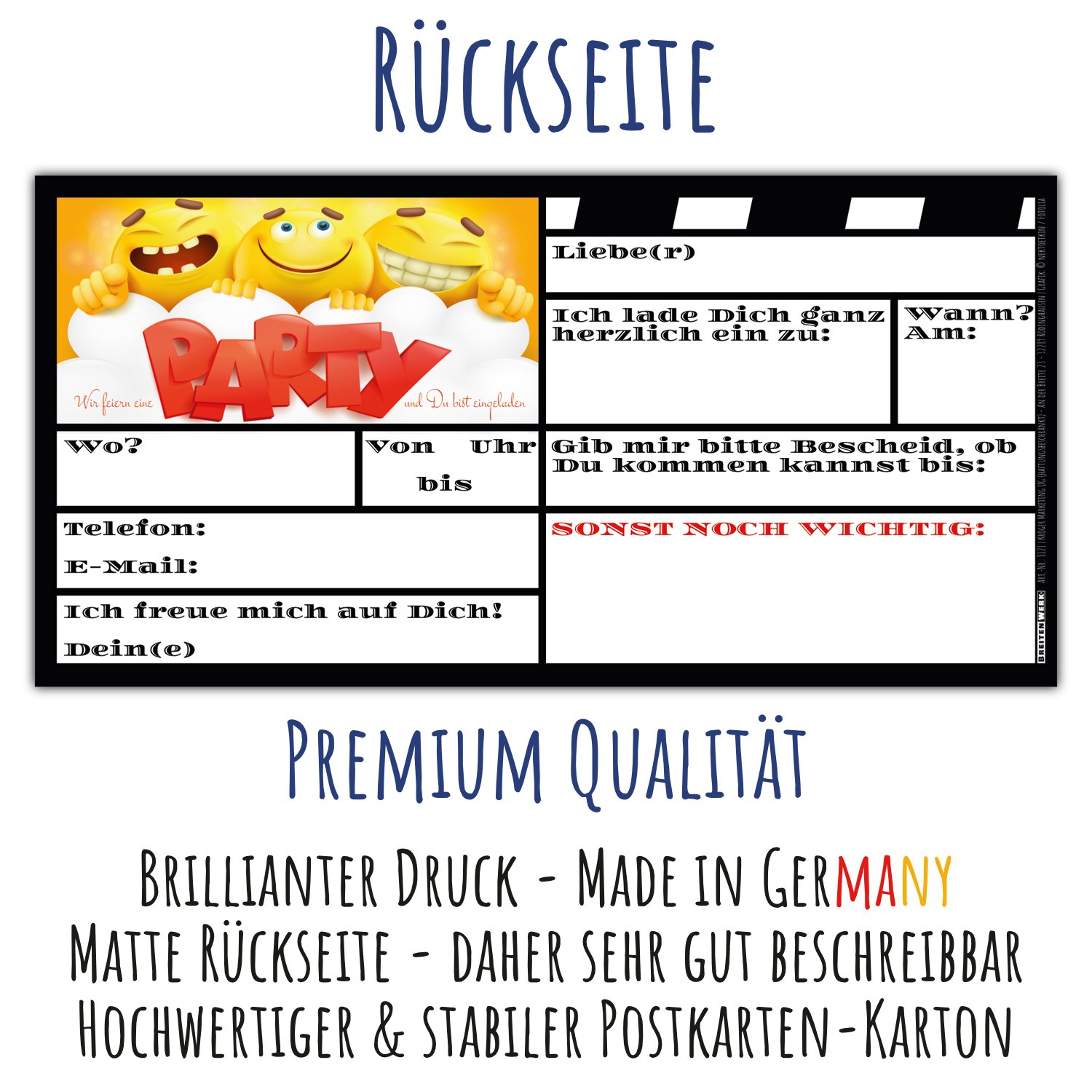 BREITENWERK 12 Smiley Einladungskarten im Set zum Ausfüllen - Coole Emoji Geburtstags-Einladungen für Jungen und Mädchen Kindergeburtstag Party