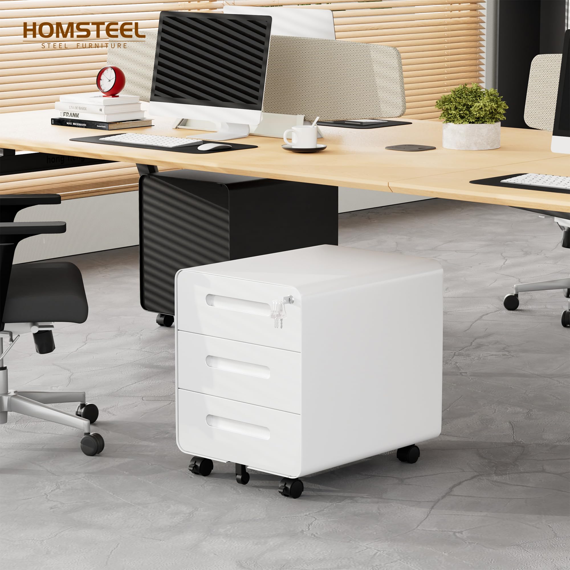 Cassettiera Scrivania Mobile, Cassettiera con Serratura, 4 Chiavi, 3 Cassetti, in Acciaio, Angoli Arrotondati, Preassemblato, 46P x 40l x 50H cm, Bianco