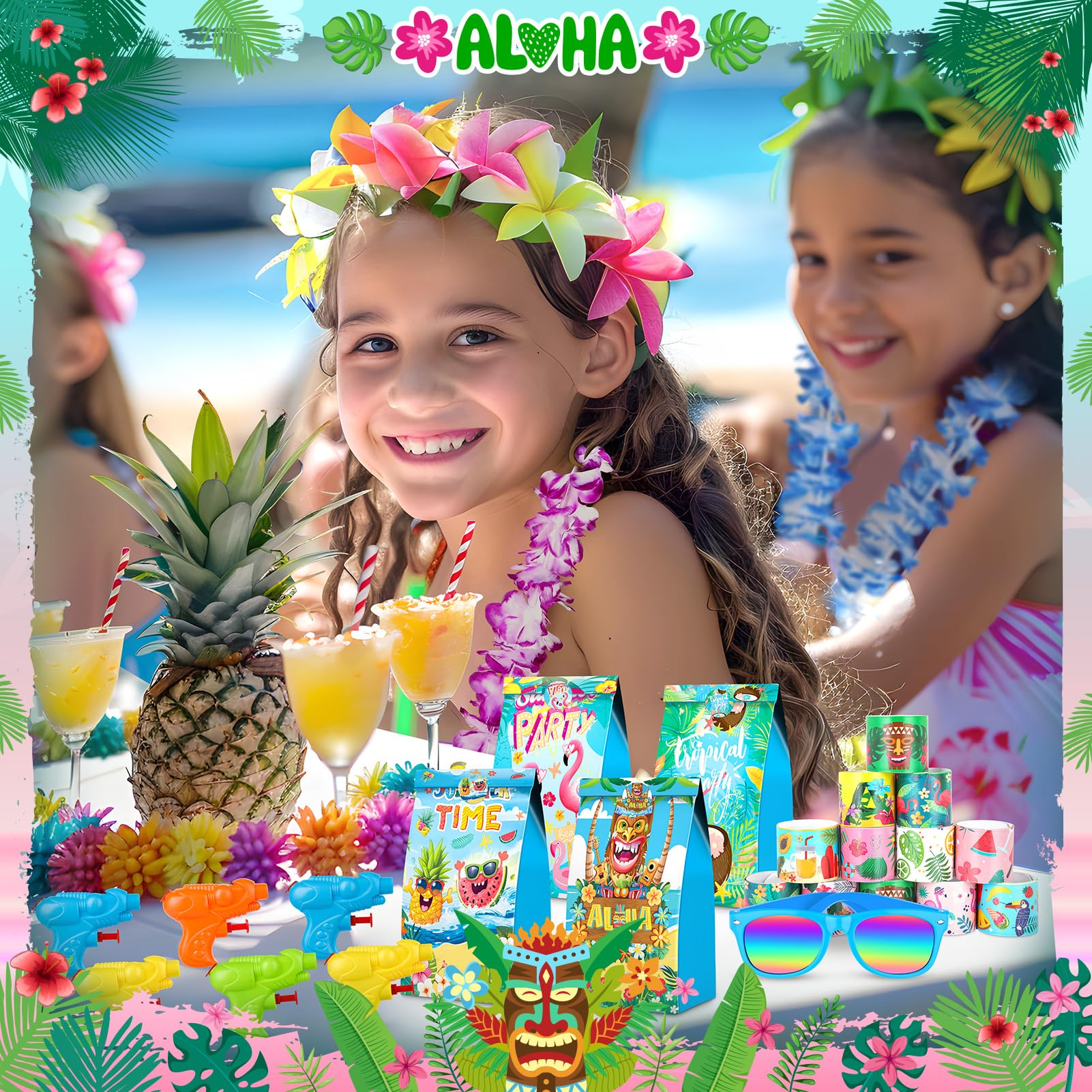 Joycover Pool Party Favors Beach Party Favors 122 PCS Hawaiian Pool Beach Party Decorations, Hawaiian Leis For Luau Party Decorations, Beach Balls, Kids Sunglasses, Pool Party Supplies, Summer Toys…